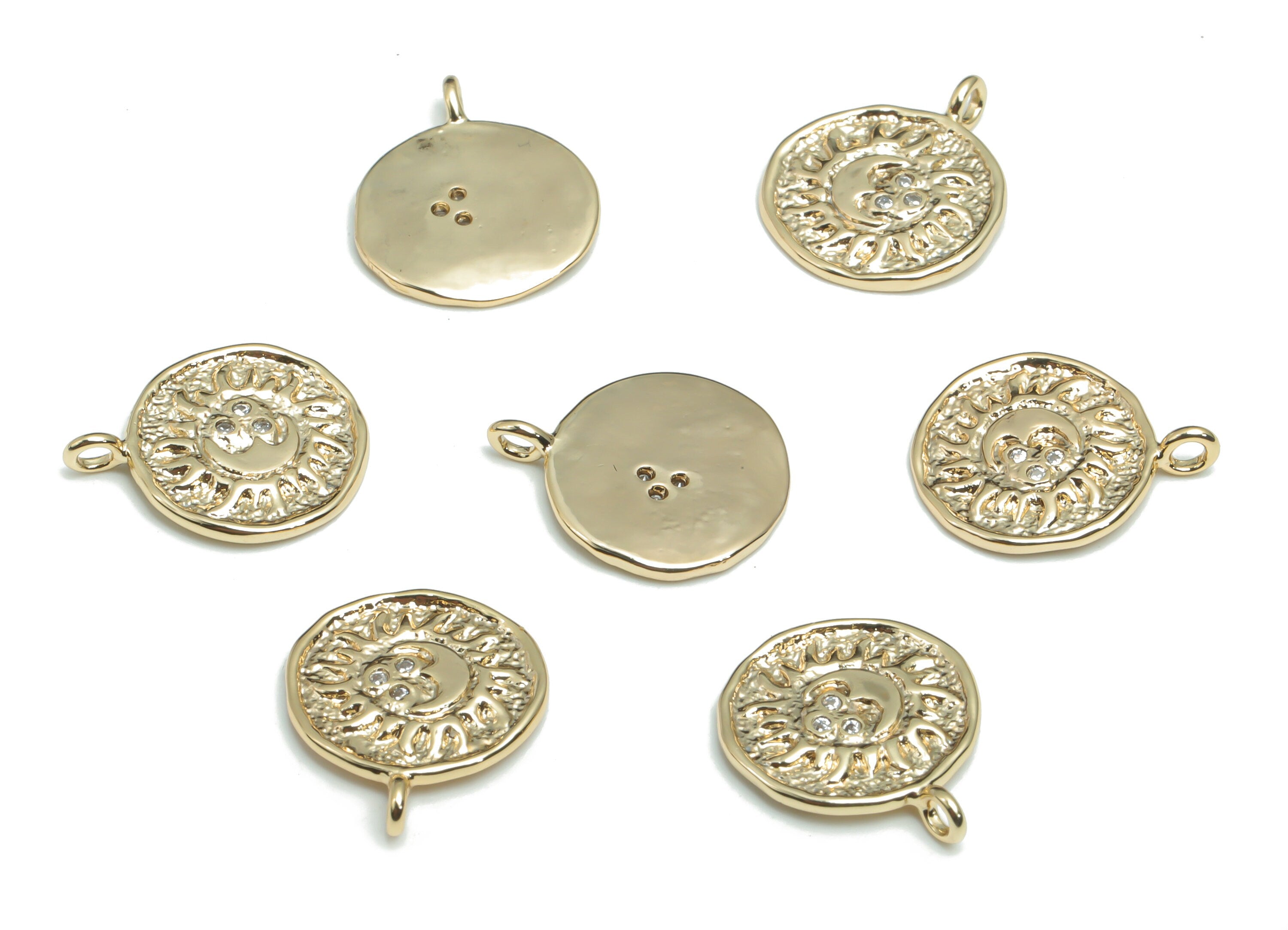 Brass Round Sun Crescent Earring Charms With Zircons - Gold Moon Circle Pendant - 18K Real Gold Plated Brass - 15.48x12.97x1.23mm - RGP4316 - DOMEDBAZAAR