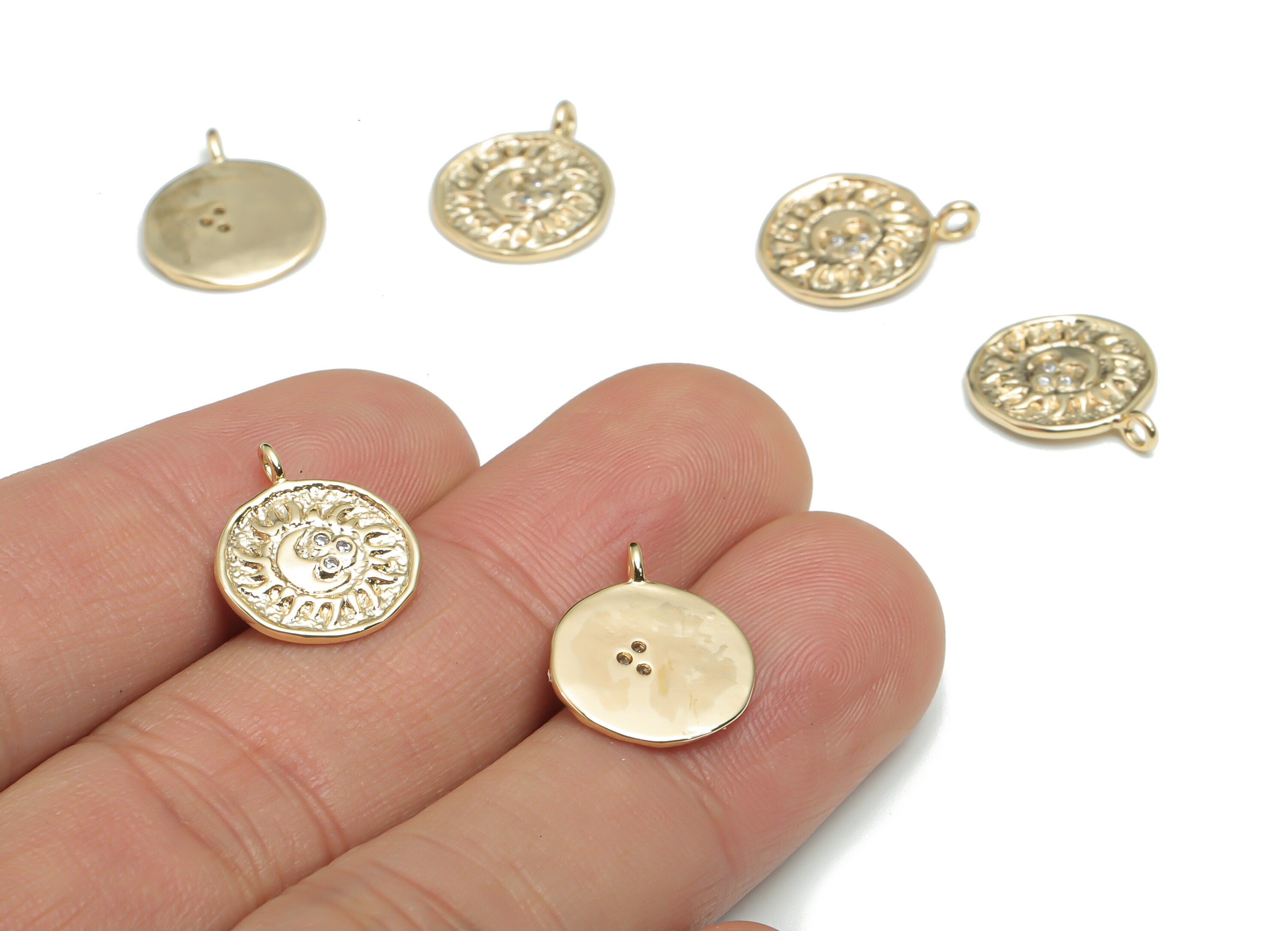 Brass Round Sun Crescent Earring Charms With Zircons - Gold Moon Circle Pendant - 18K Real Gold Plated Brass - 15.48x12.97x1.23mm - RGP4316 - DOMEDBAZAAR