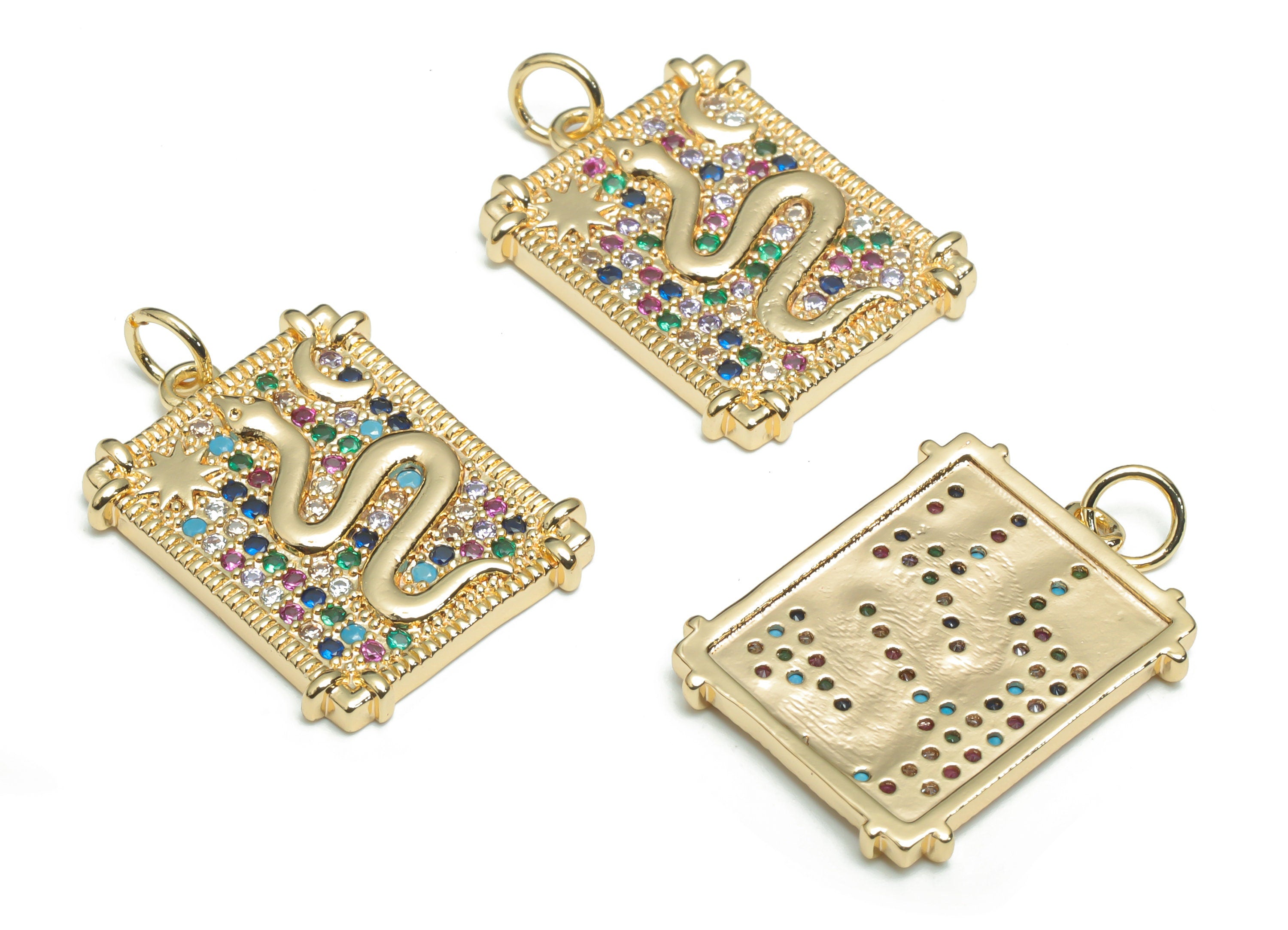 Brass Rectangle Snake Planet Crescent Charms With Zircons - Gold Star Moon Pendant - 18K Real Gold Plated Brass - 21.91x17.2x2.3mm - RGP4314 - DOMEDBAZAAR