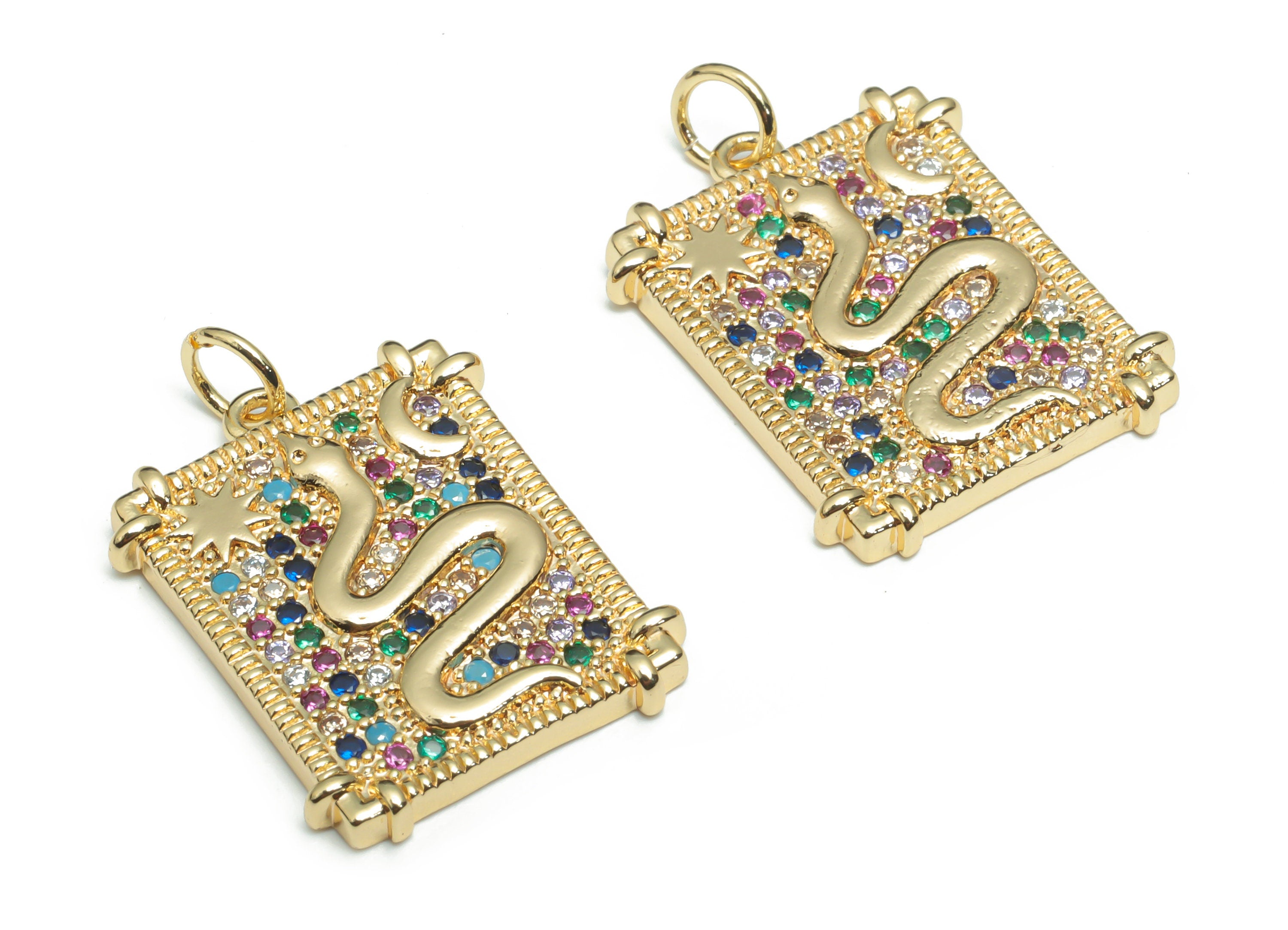 Brass Rectangle Snake Planet Crescent Charms With Zircons - Gold Star Moon Pendant - 18K Real Gold Plated Brass - 21.91x17.2x2.3mm - RGP4314 - DOMEDBAZAAR