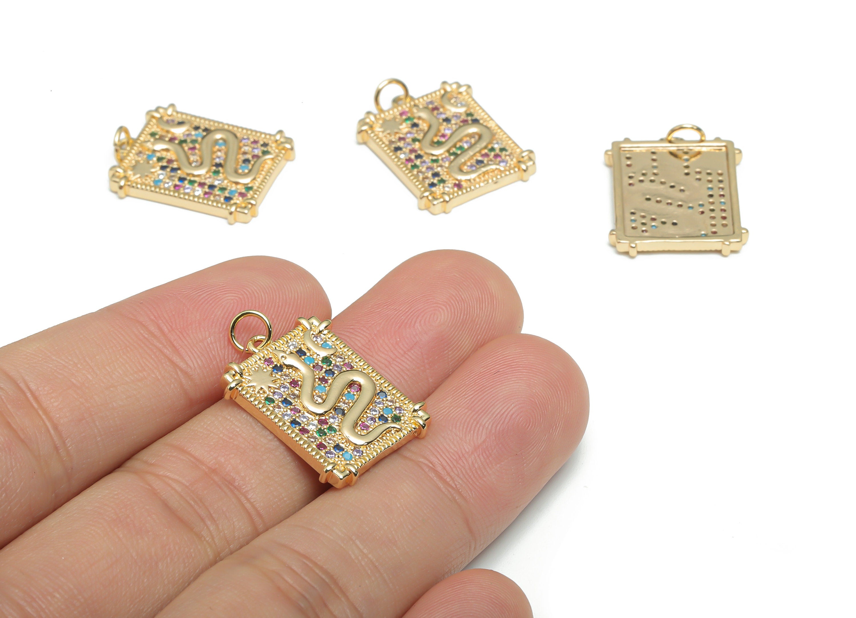 Brass Rectangle Snake Planet Crescent Charms With Zircons - Gold Star Moon Pendant - 18K Real Gold Plated Brass - 21.91x17.2x2.3mm - RGP4314 - DOMEDBAZAAR