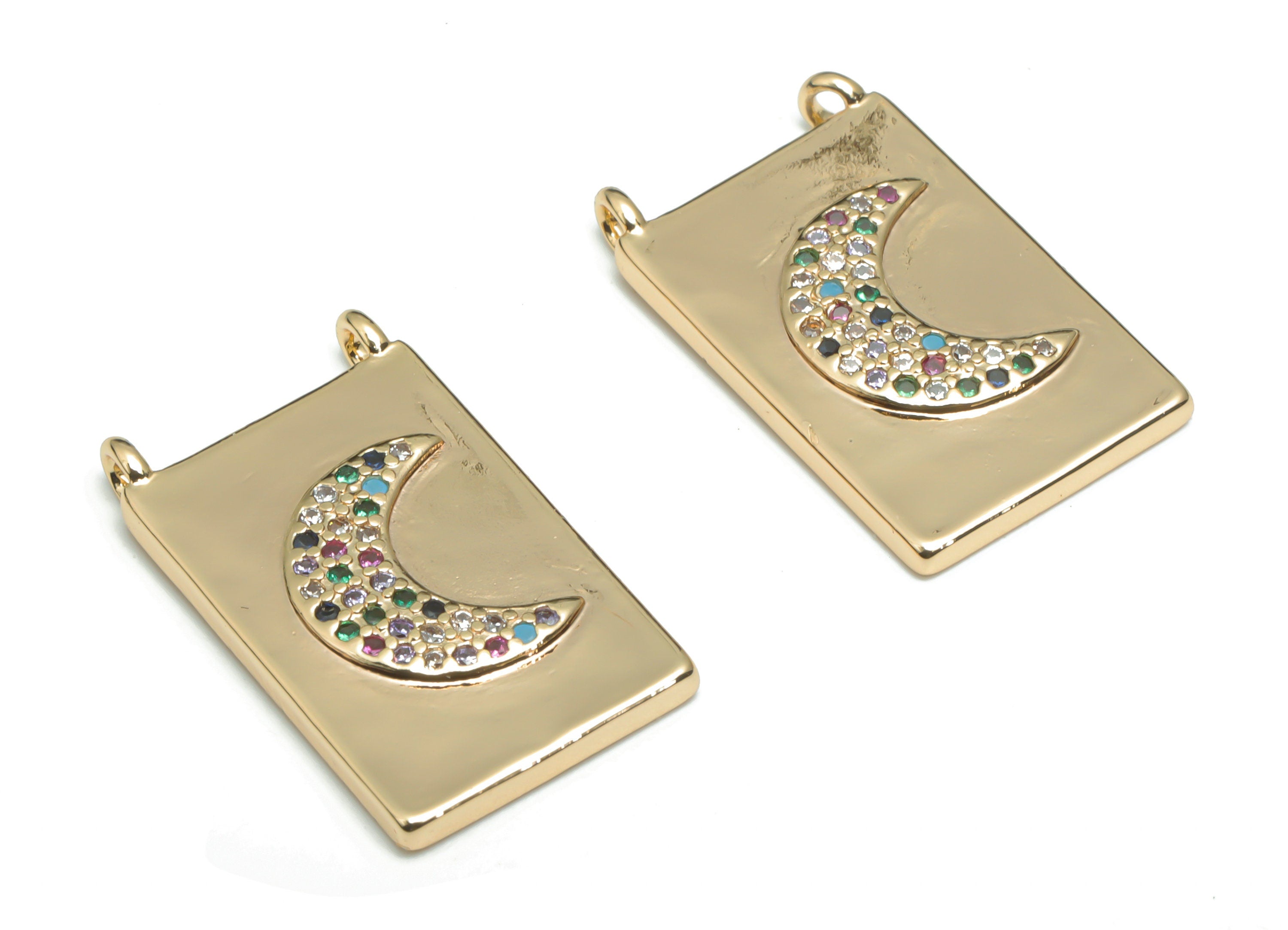 Brass Rectangle Crescent Connectors With Zircons - Gold Rectangle Moon Charms - 18K Real Gold Plated Brass - 22.25x13.2x2.56mm - RGP4322 - DOMEDBAZAAR