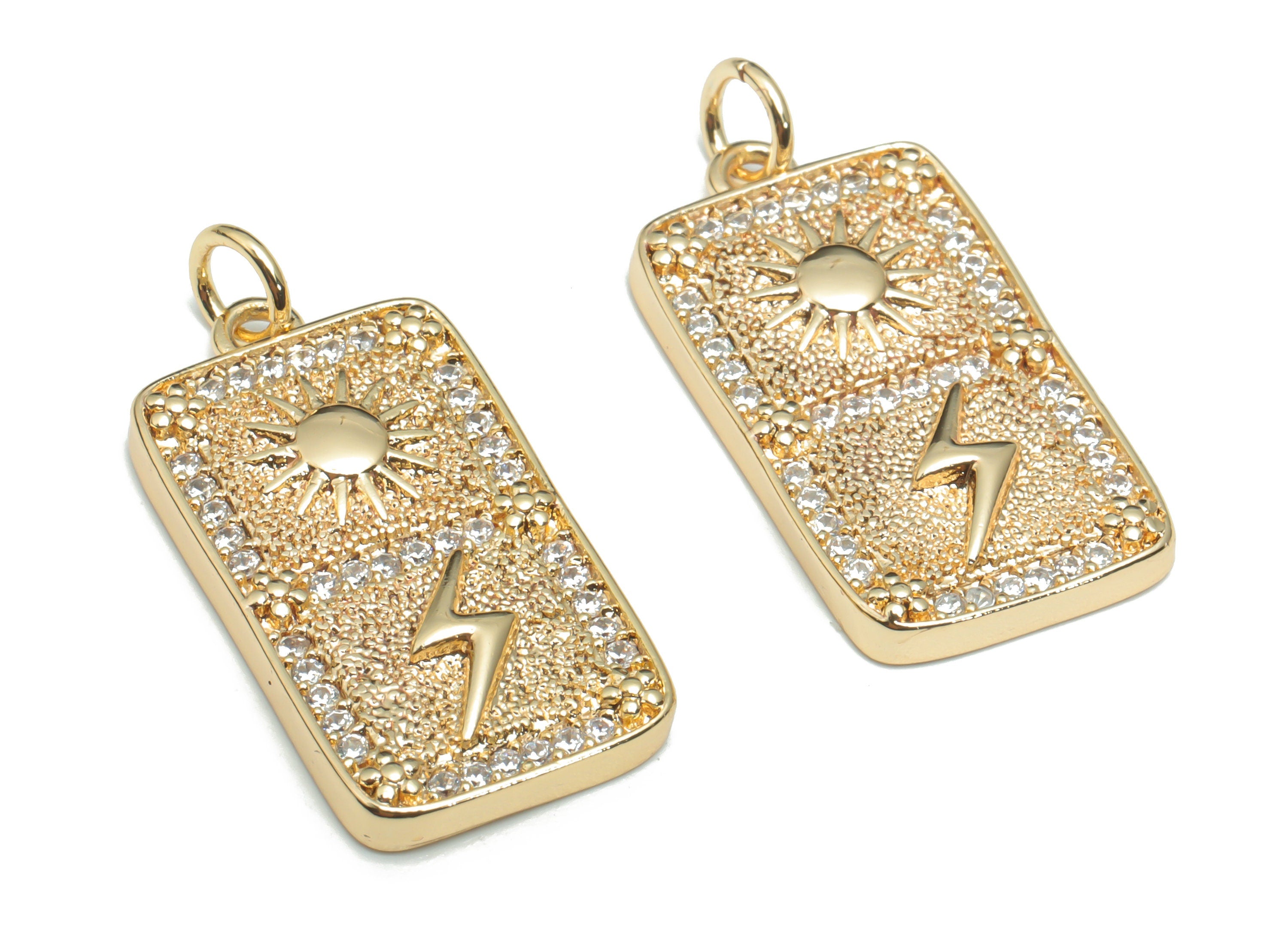 Brass Rectangle Sun Earring Charms With Zircons - Gold Rectangle Lightning Pendant - 18K Real Gold Plated Brass - 27.74x13.2x3.1mm - RGP4325 - DOMEDBAZAAR