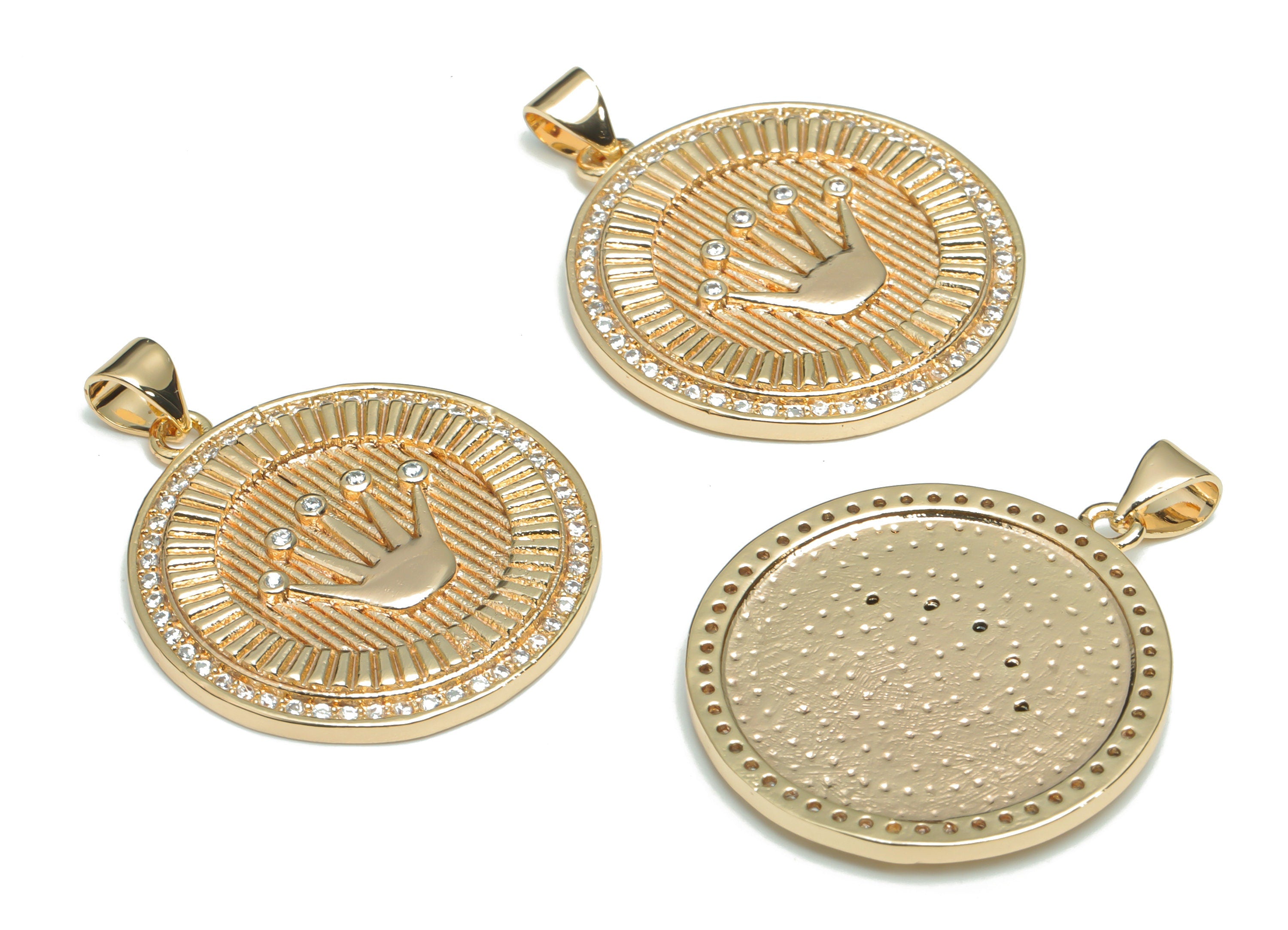 Brass Round Crown Earring Charms With Zircons - Gold Hand Circle Pendant - 18K Real Gold Plated Brass - 32.98x25.74x2.5mm - RGP4317 - DOMEDBAZAAR