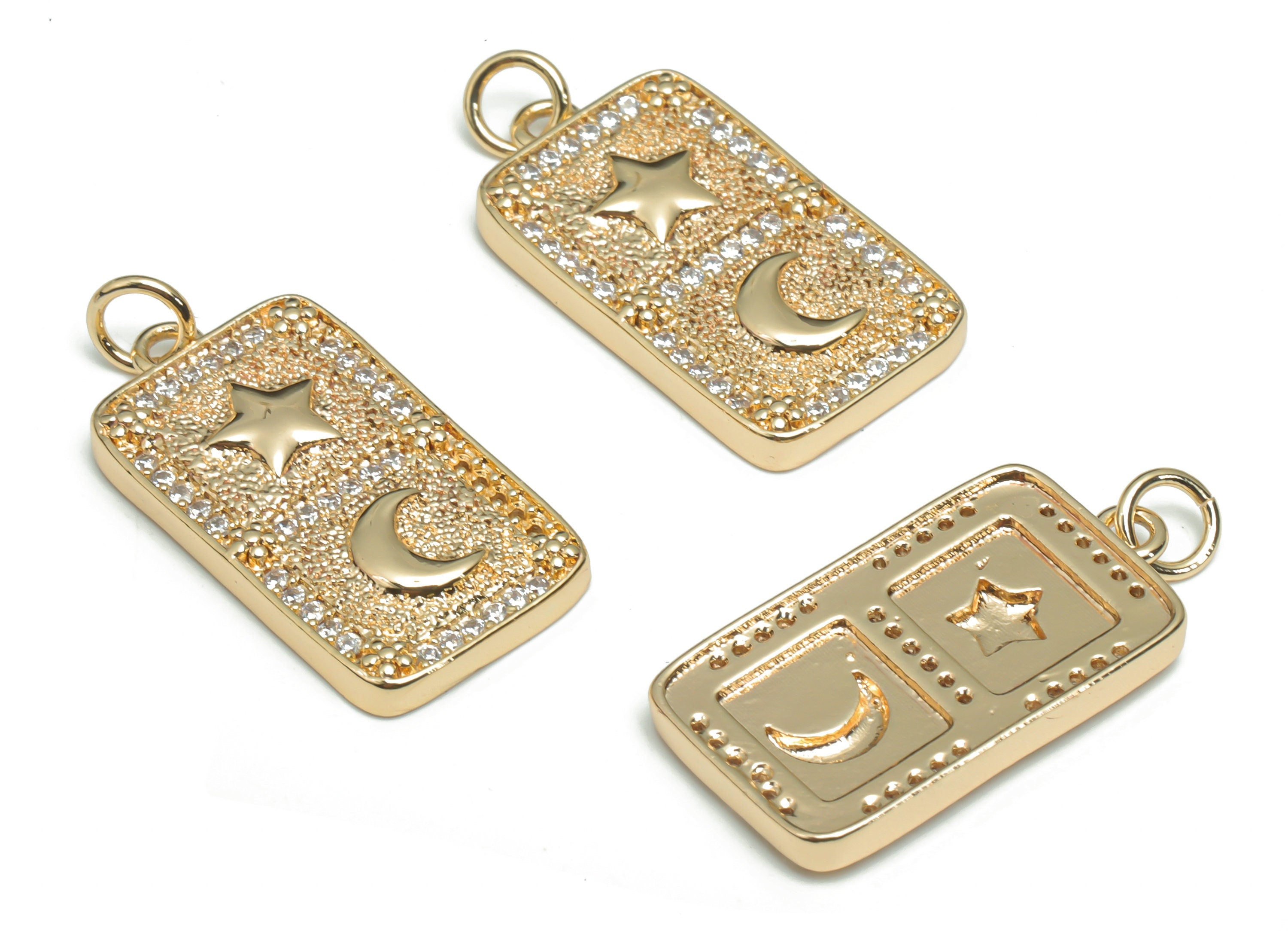 Brass Rectangle Crescent Pendant Charms With Zircons - Gold Star Moon Pendant - 18K Real Gold Plated Brass - 27.98x13.26x3.17mm - RGP4329 - DOMEDBAZAAR
