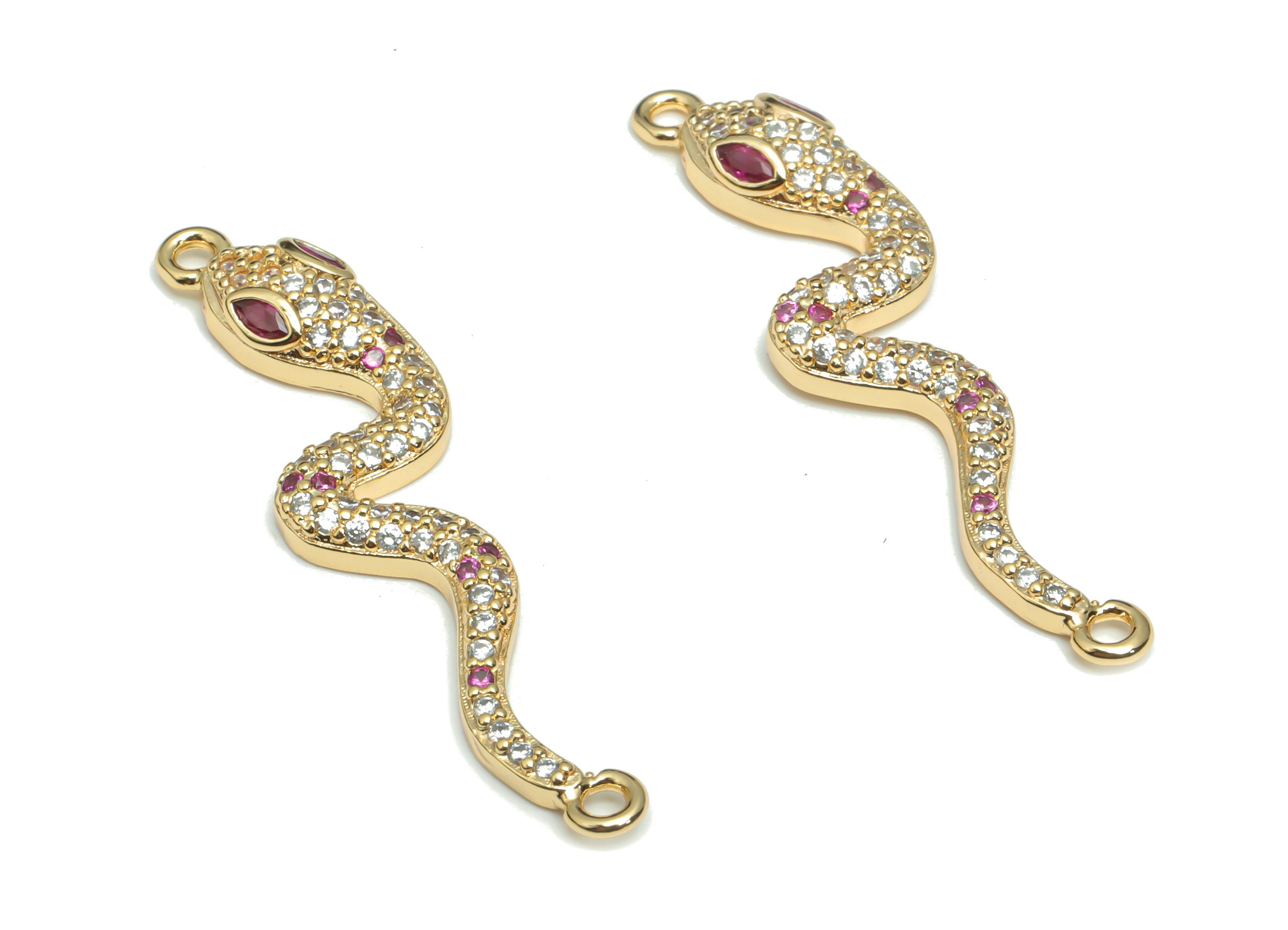 Brass Snake Earring Connectors With Zircons - Gold Snake Charms and Pendant - 18K Real Gold Plated Brass - 37.42x8.9x3.35mm - RGP4330 - DOMEDBAZAAR