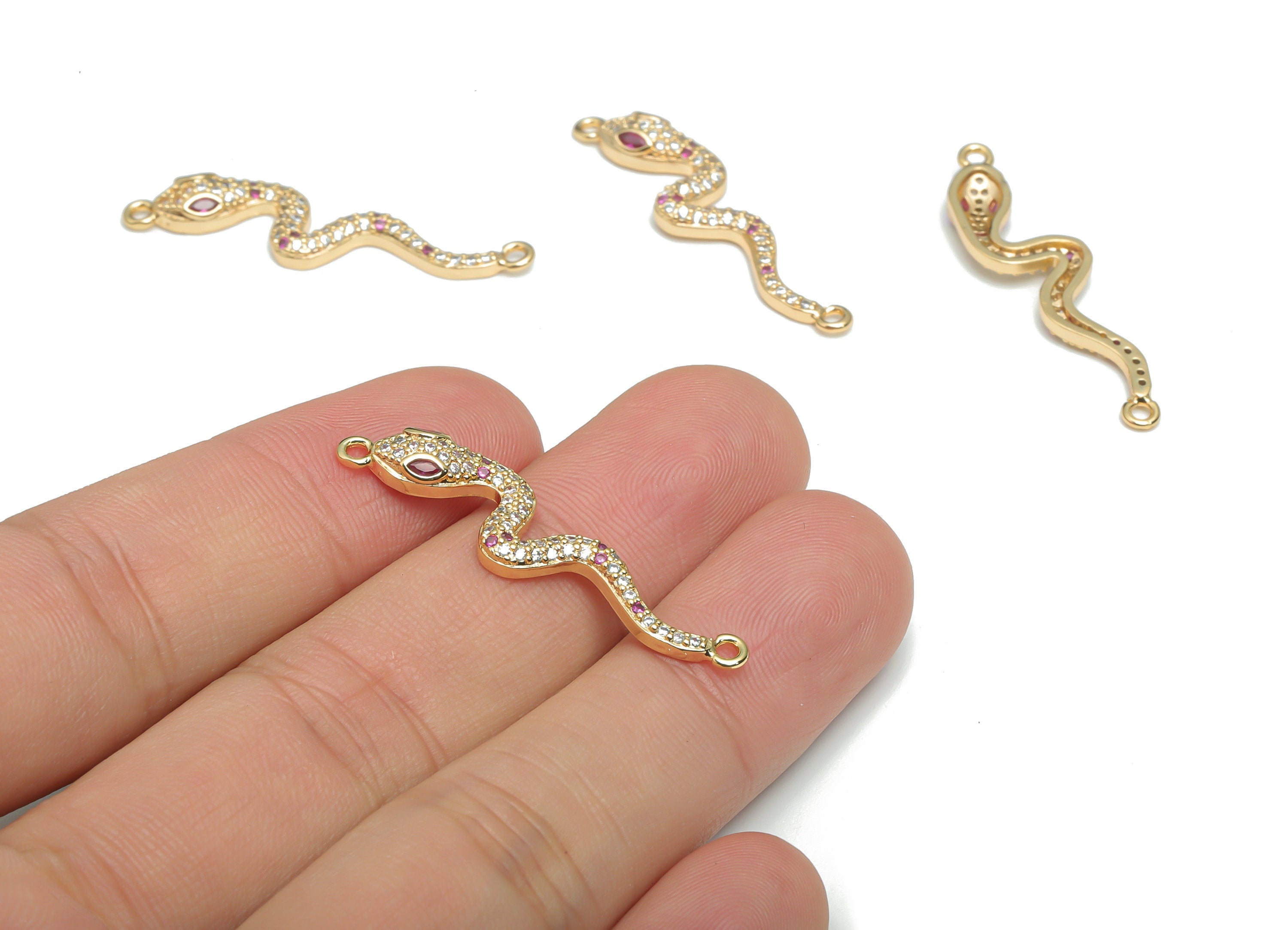 Brass Snake Earring Connectors With Zircons - Gold Snake Charms and Pendant - 18K Real Gold Plated Brass - 37.42x8.9x3.35mm - RGP4330 - DOMEDBAZAAR