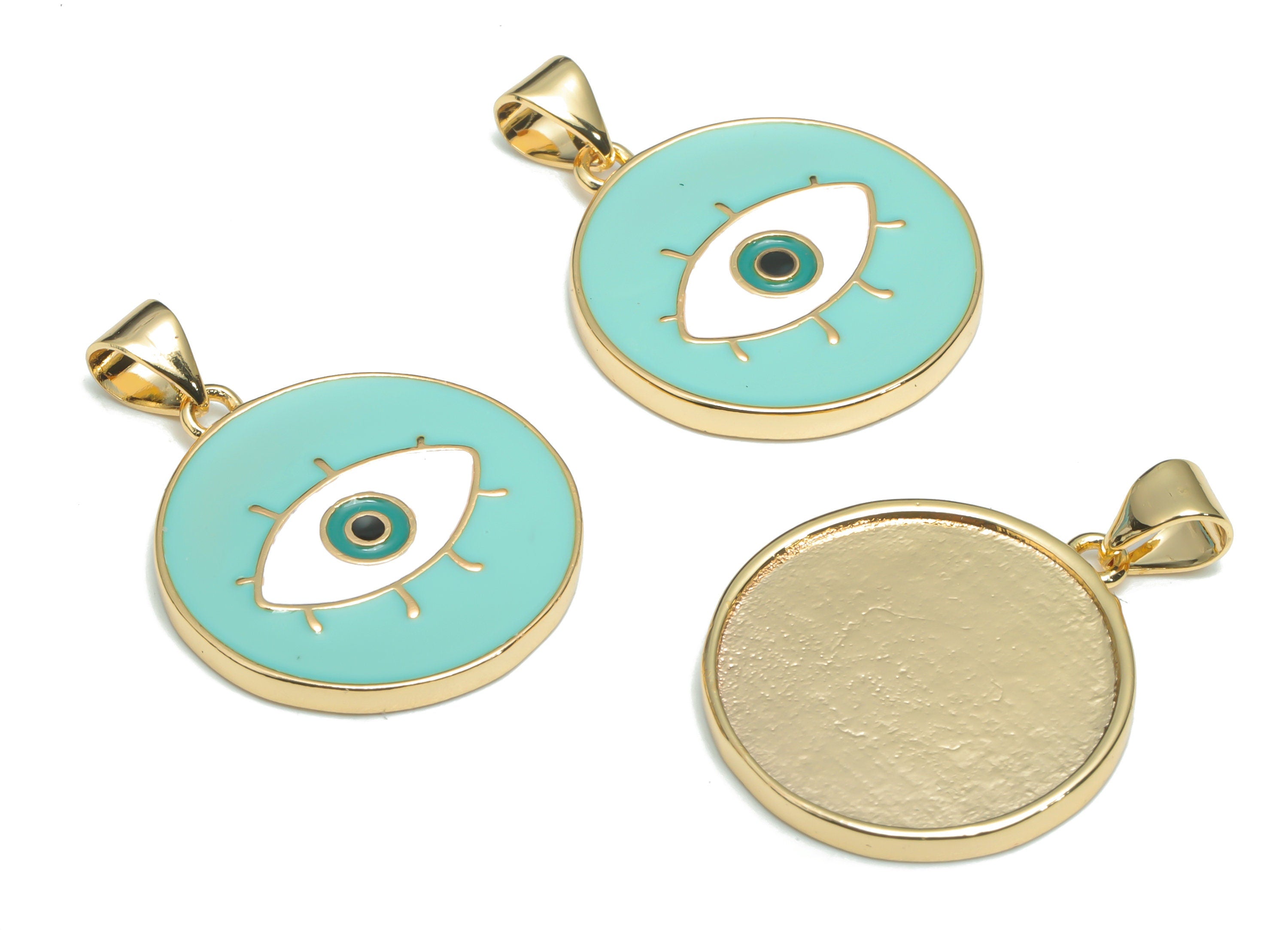 Brass Round Eye Charms With Zincon - Enamel Eyelash Circle Pendant - 18K Real Gold Plated - Jewelry Supplies - 26.95x20.03x2.01mm - RGP4339C - DOMEDBAZAAR
