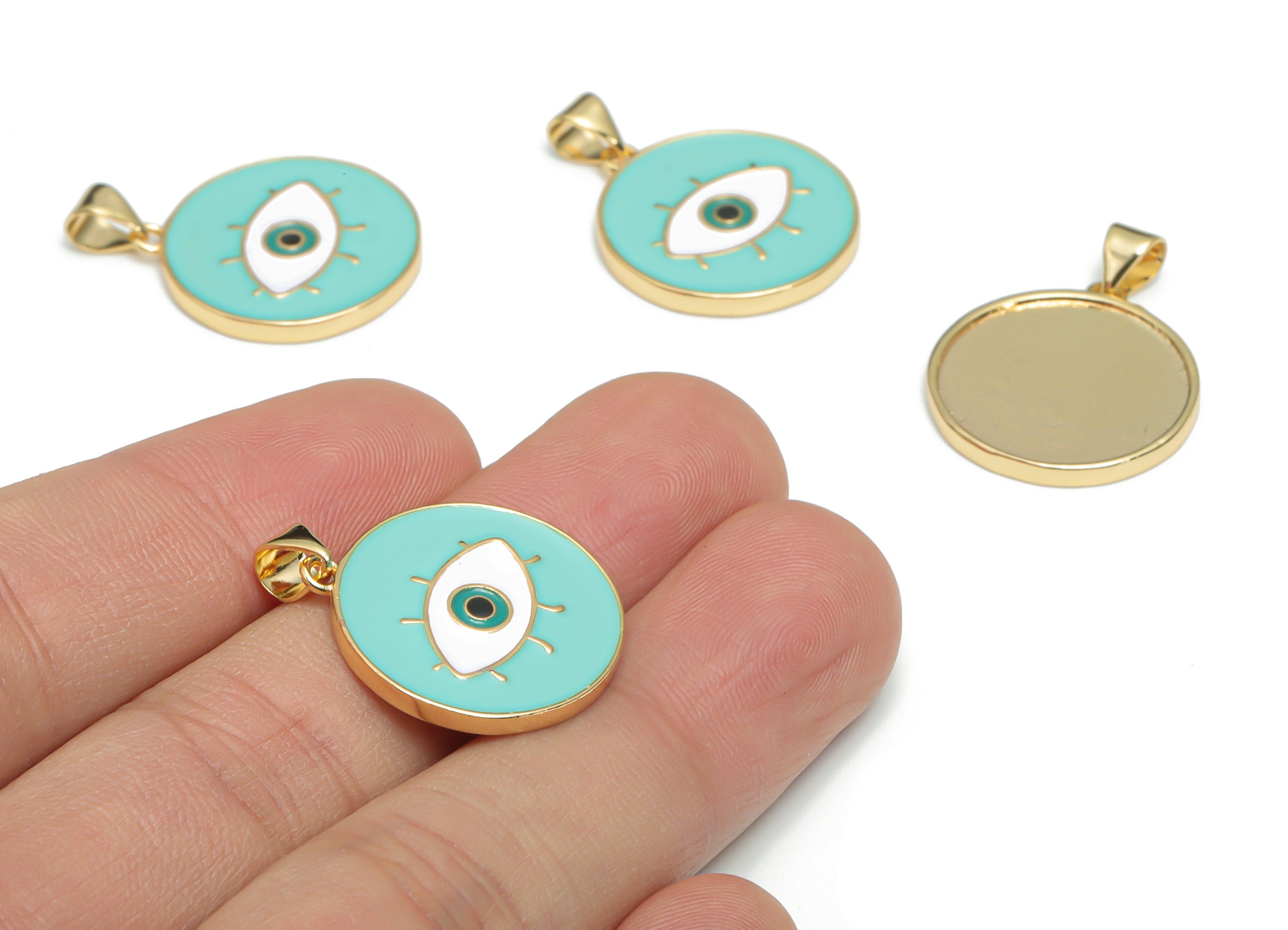 Brass Round Eye Charms With Zincon - Enamel Eyelash Circle Pendant - 18K Real Gold Plated - Jewelry Supplies - 26.95x20.03x2.01mm - RGP4339C - DOMEDBAZAAR