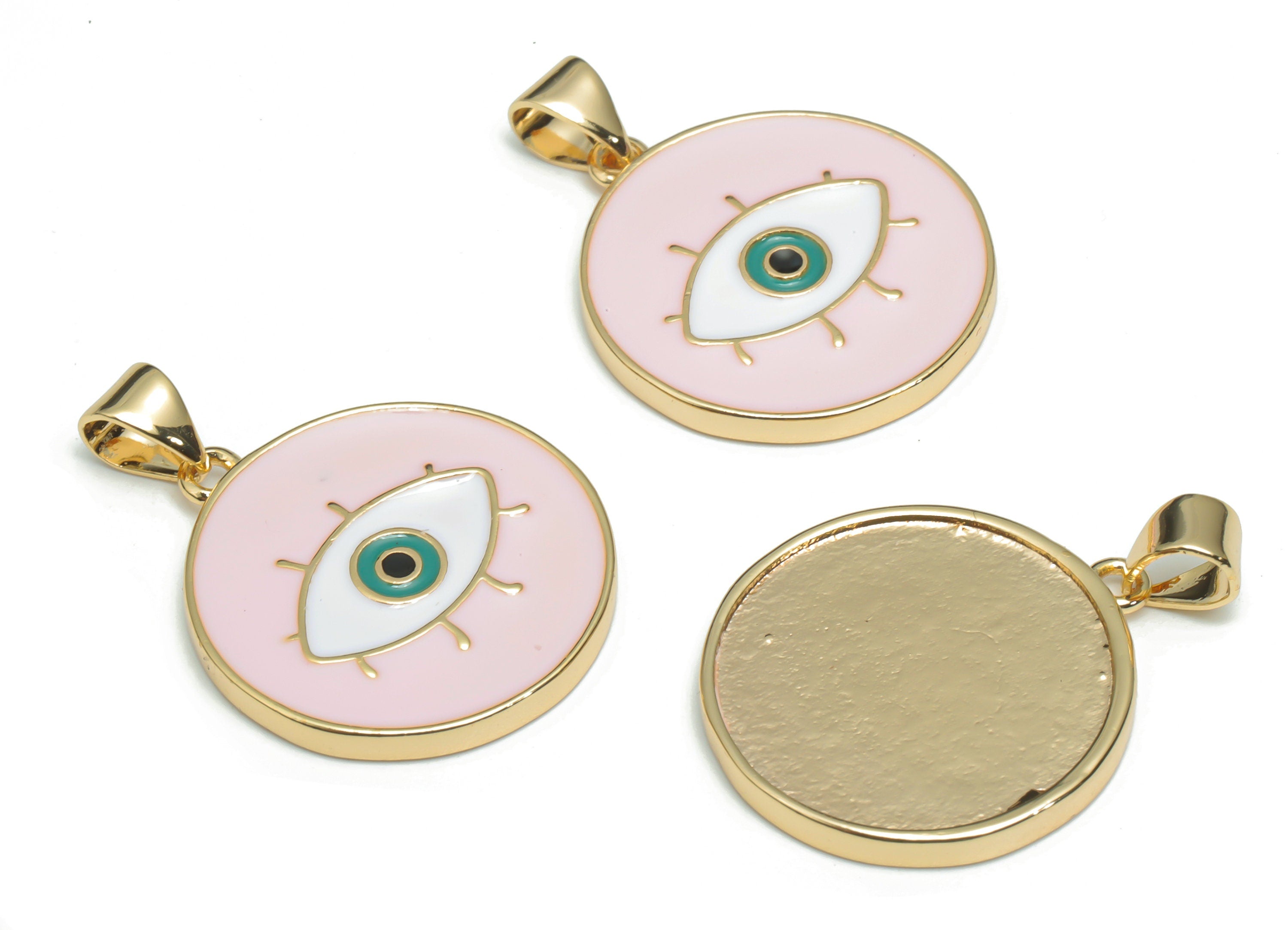 Brass Round Eye Charms With Zincon - Enamel Eyelash Circle Pendant - 18K Real Gold Plated - Jewelry Supplies - 26.95x20.03x2.01mm - RGP4339D - DOMEDBAZAAR
