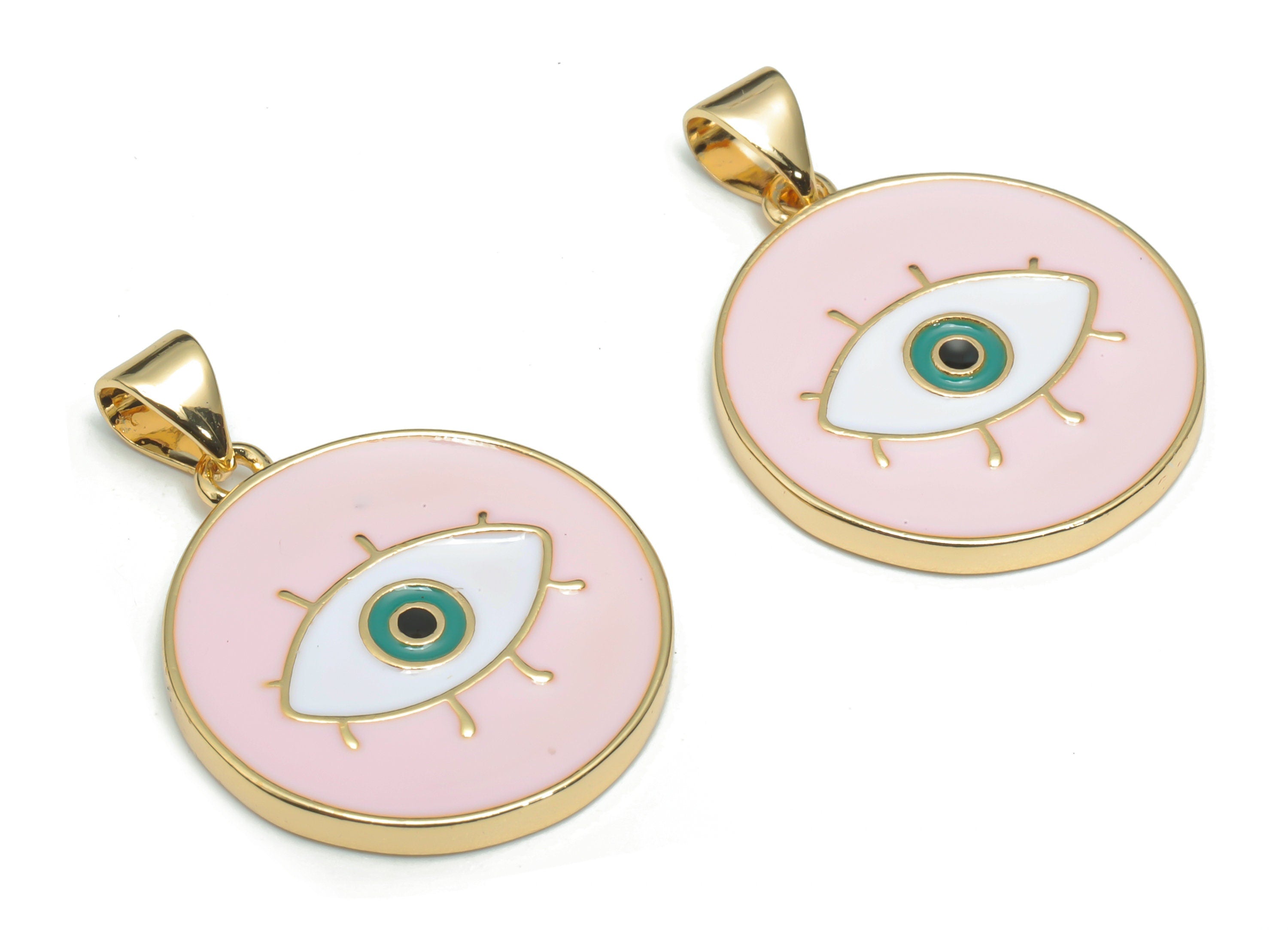 Brass Round Eye Charms With Zincon - Enamel Eyelash Circle Pendant - 18K Real Gold Plated - Jewelry Supplies - 26.95x20.03x2.01mm - RGP4339D - DOMEDBAZAAR