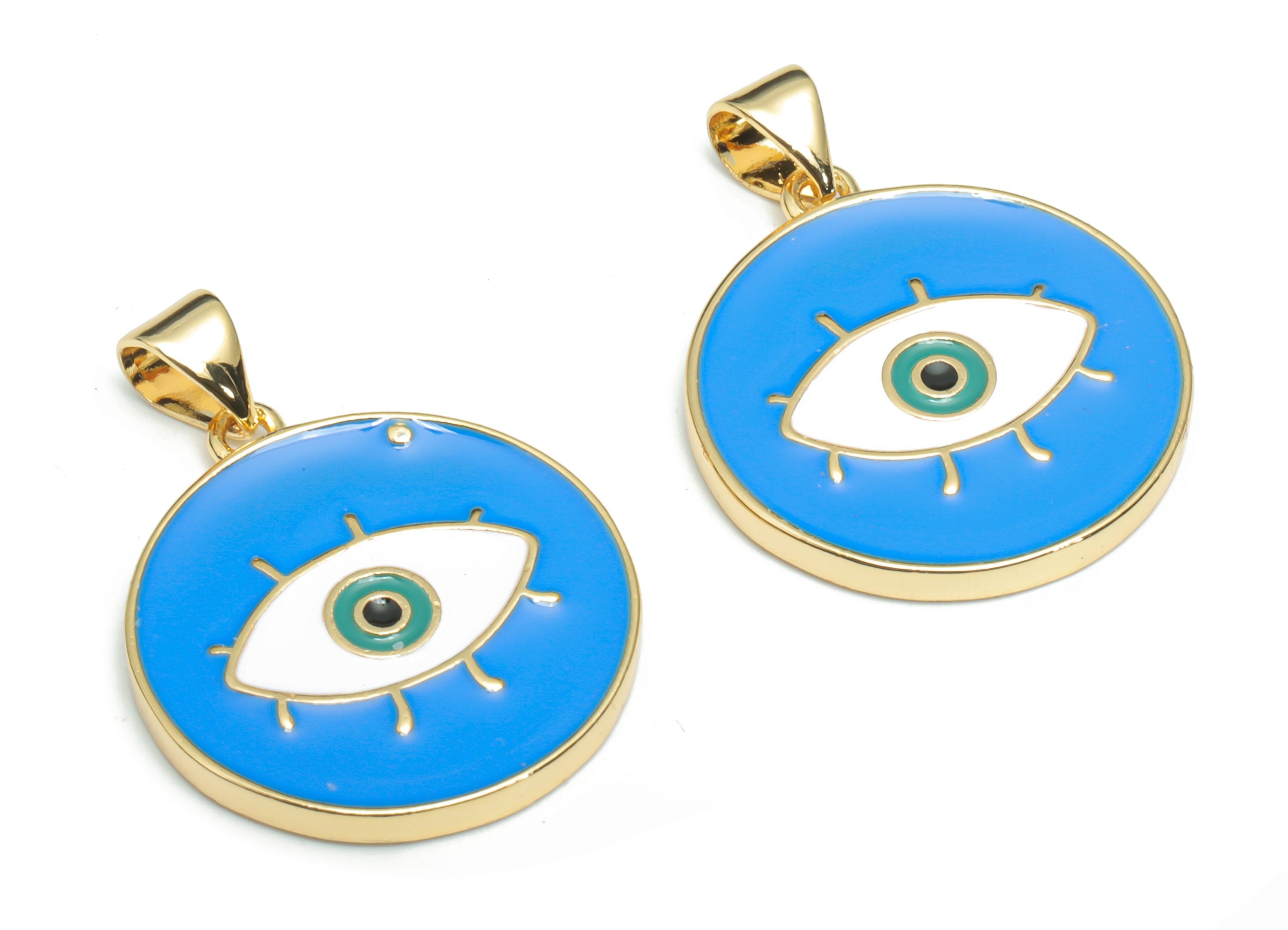 Brass Round Eye Charms With Zincon - Enamel Eyelash Circle Pendant - 18K Real Gold Plated - Jewelry Supplies - 26.95x20.03x2.01mm - RGP4339E - DOMEDBAZAAR
