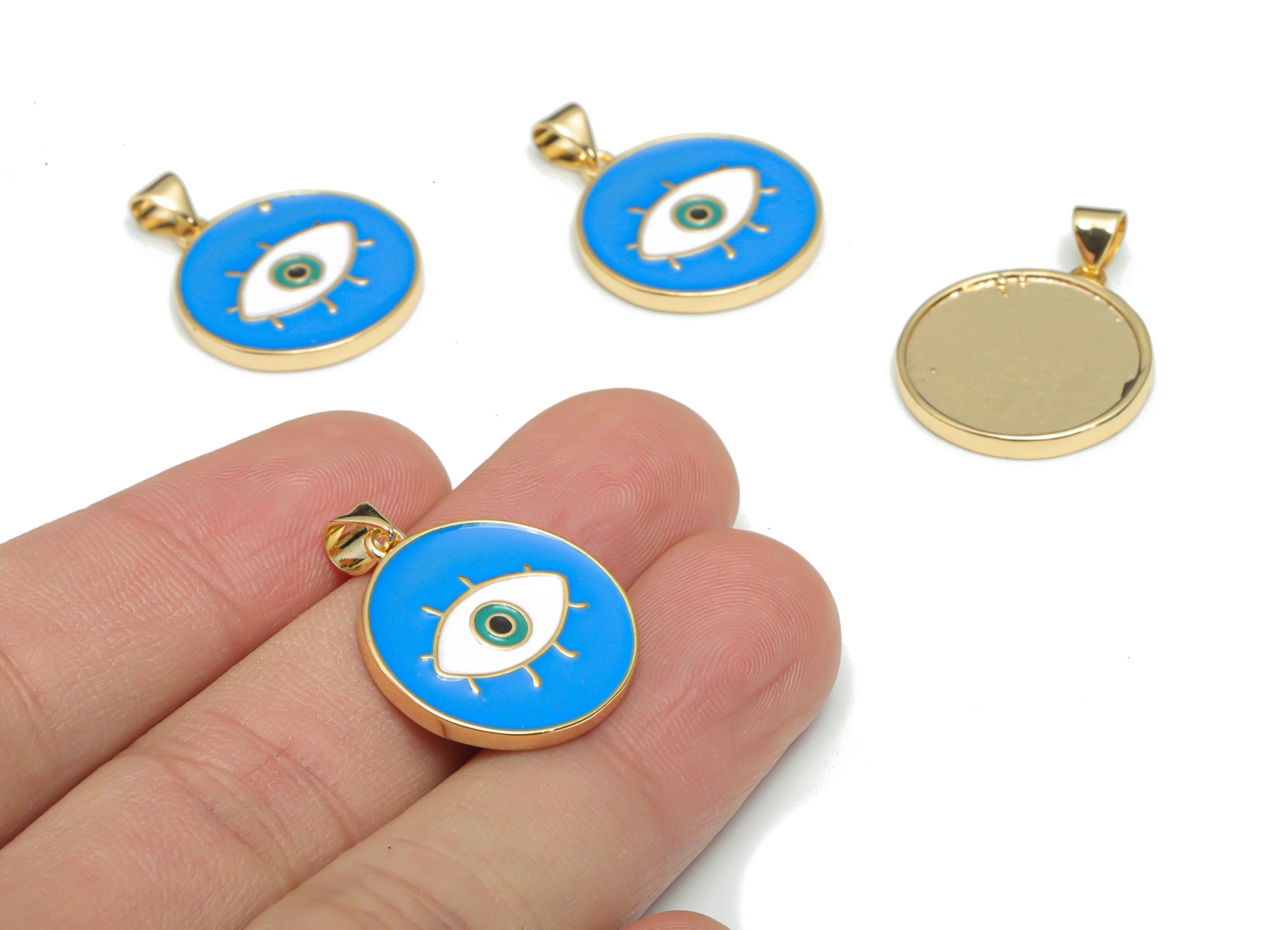 Brass Round Eye Charms With Zincon - Enamel Eyelash Circle Pendant - 18K Real Gold Plated - Jewelry Supplies - 26.95x20.03x2.01mm - RGP4339E - DOMEDBAZAAR