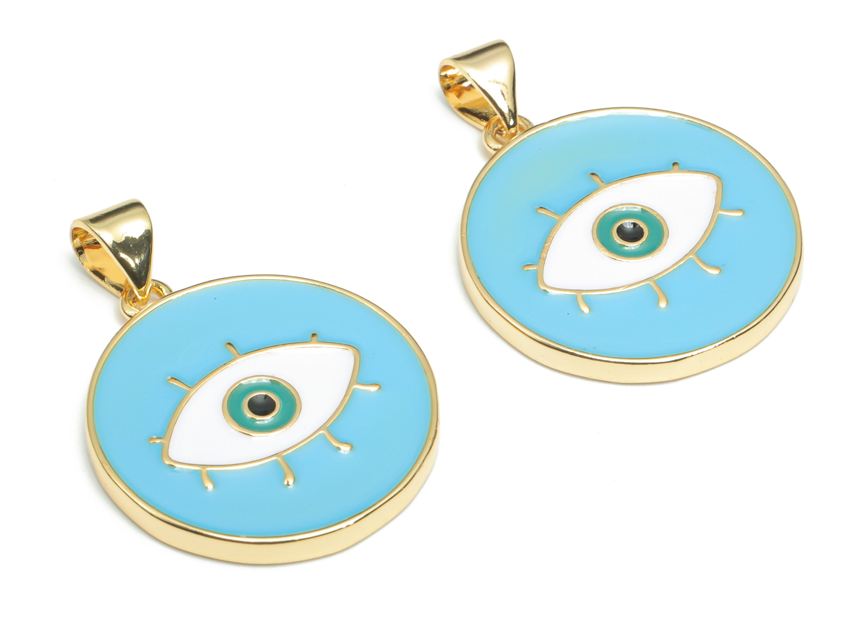 Brass Round Eye Charms With Zincon - Enamel Eyelash Circle Pendant - 18K Real Gold Plated - Jewelry Supplies - 26.95x20.03x2.01mm - RGP4339A - DOMEDBAZAAR