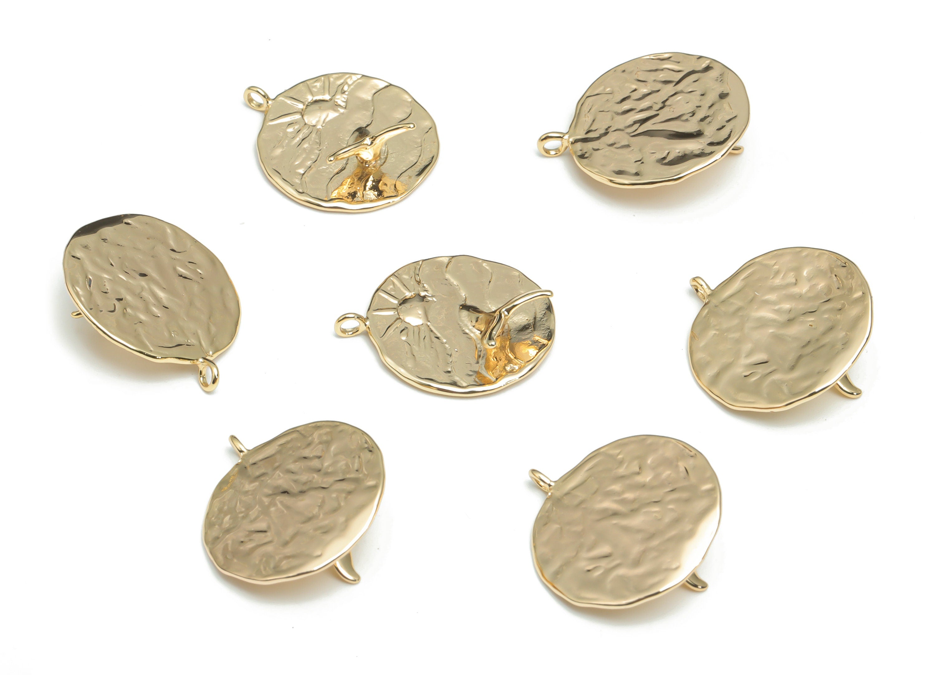 Brass Hammered Round Sea Sparkle Earring Charms - Gold Sun Waves Fish Tail Pendant - 18K Real Gold Plated Brass - 21.25x18.3x0.9mm - RGP4337 - DOMEDBAZAAR