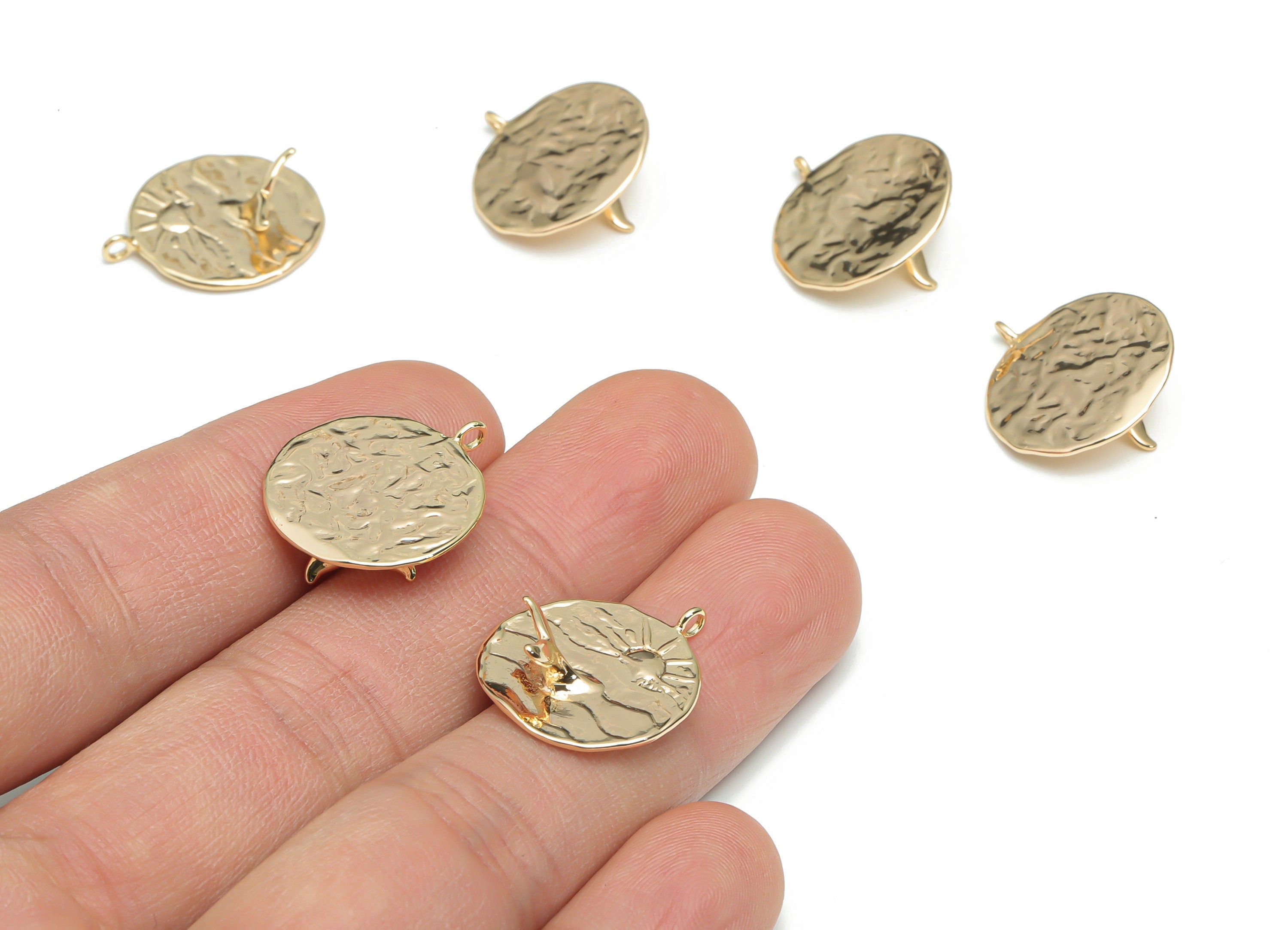 Brass Hammered Round Sea Sparkle Earring Charms - Gold Sun Waves Fish Tail Pendant - 18K Real Gold Plated Brass - 21.25x18.3x0.9mm - RGP4337 - DOMEDBAZAAR