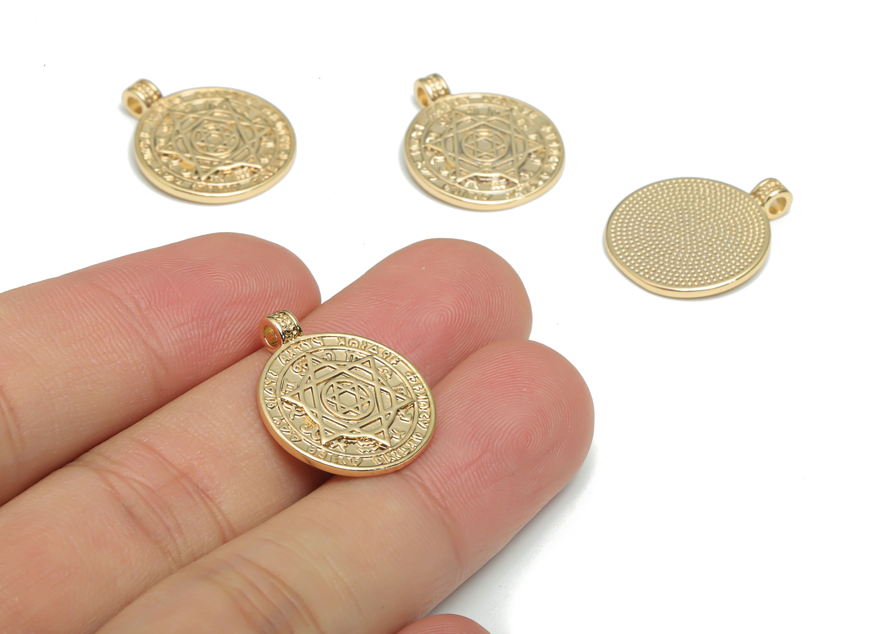 Brass Round Planet Earring Charms - Gold Star Of David Pendant - Ancient Charm - 18K Real Gold Plated Brass - 21.58x17.85x1.54mm - RGP4332 - DOMEDBAZAAR