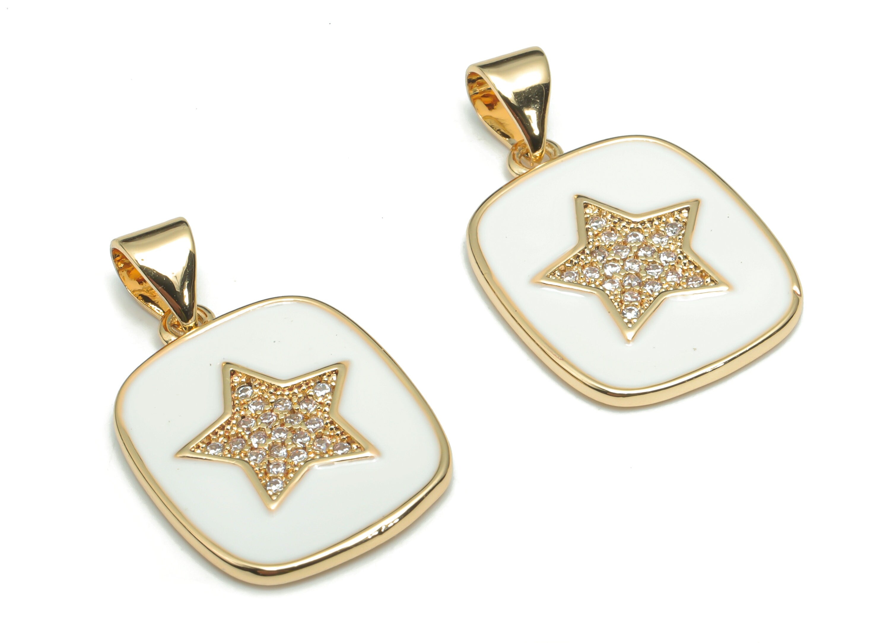 Brass Square Star Charms With Zincons - Enamel Star Square Pendant - 18K Real Gold Plated - Jewelry Supplies - 24.41x14.8x1.7mm - RGP4340A - DOMEDBAZAAR