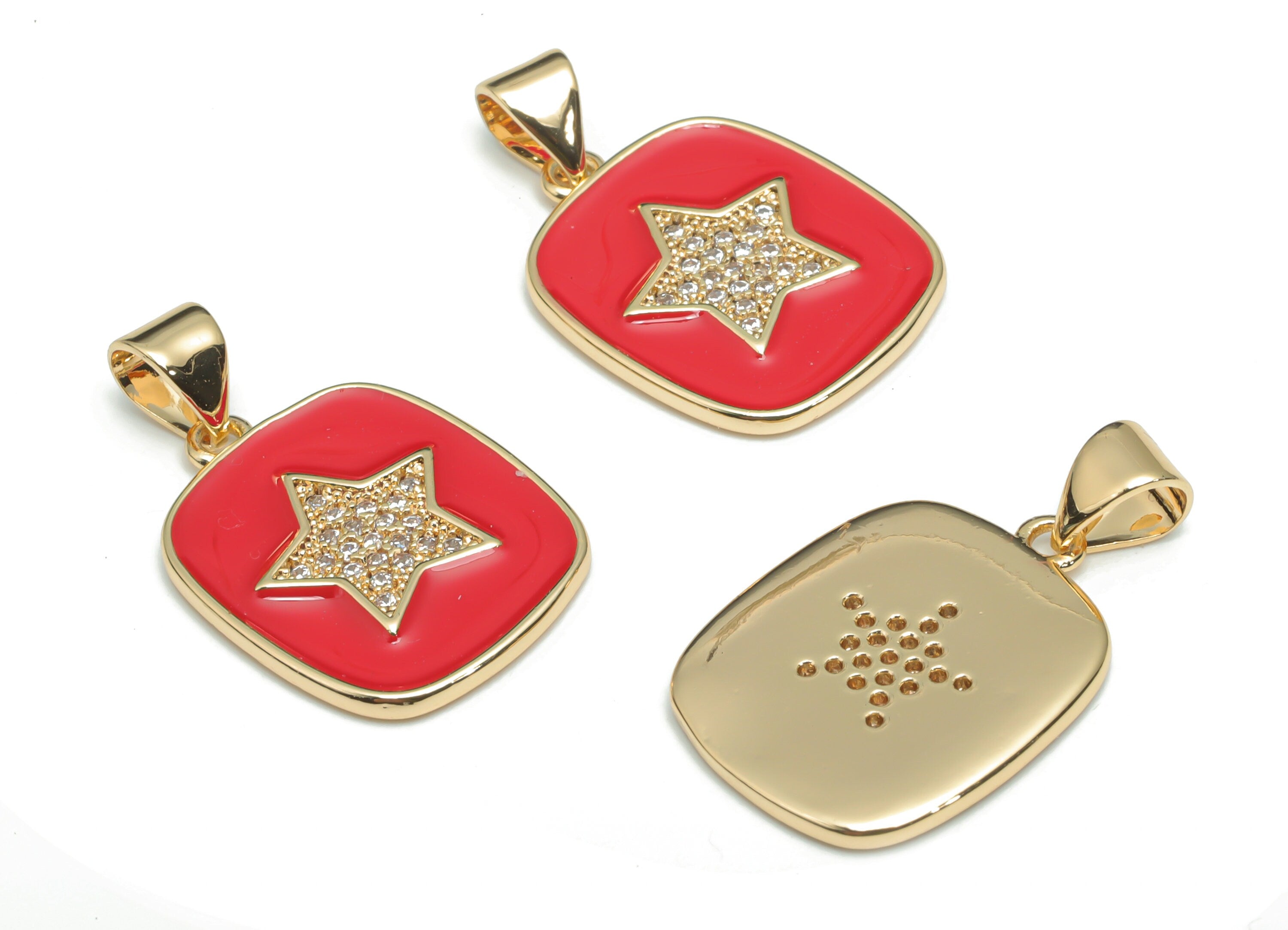 Brass Square Star Charms With Zincons - Enamel Star Square Pendant - 18K Real Gold Plated - Jewelry Supplies - 24.41x14.8x1.7mm - RGP4340B - DOMEDBAZAAR