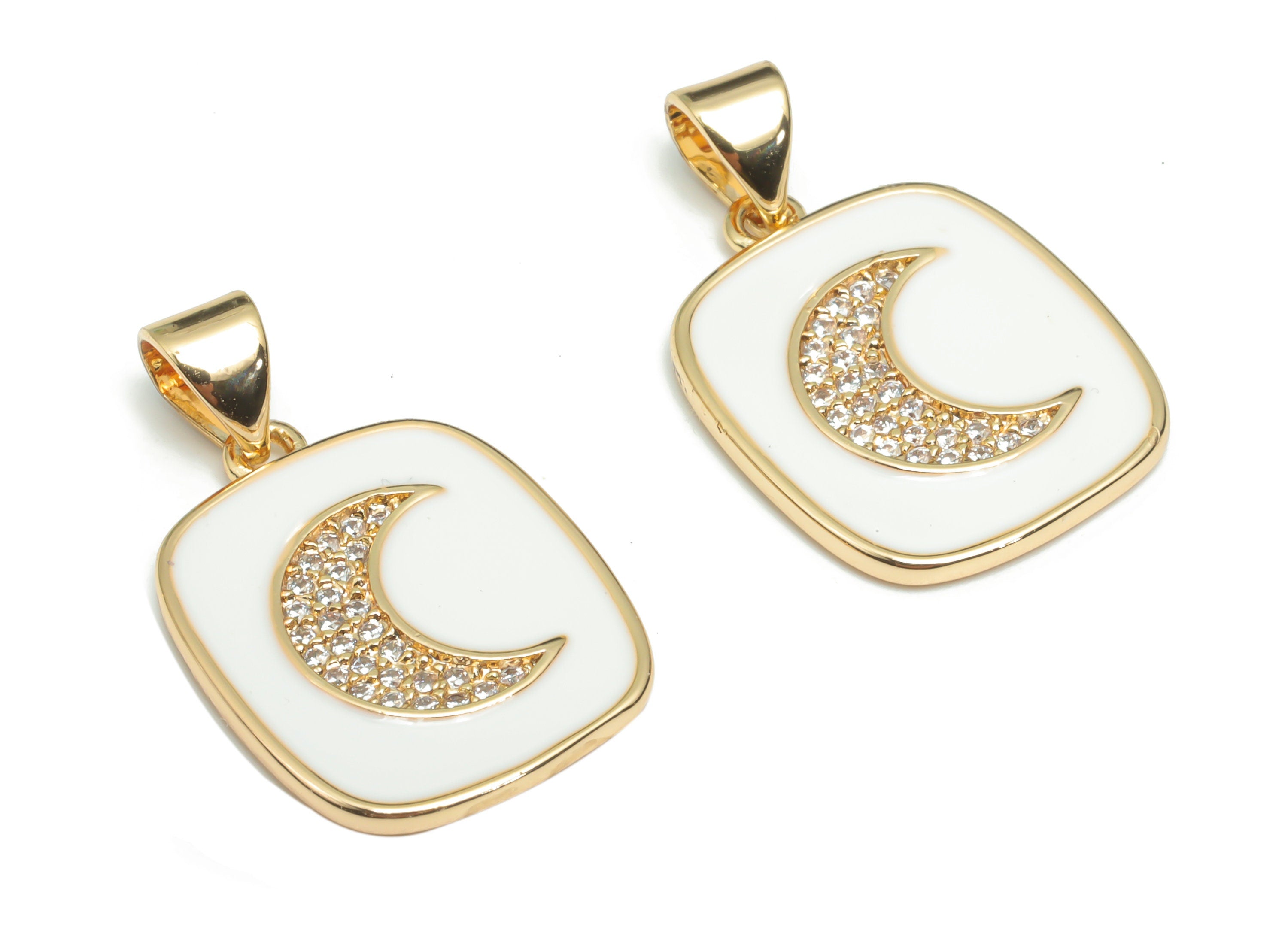 Brass Square Crescent Charms With Zincons - Enamel Moon Square Pendant - 18K Real Gold Plated - Jewelry Supplies - 24.4x14.8x1.7mm- RGP4342A - DOMEDBAZAAR