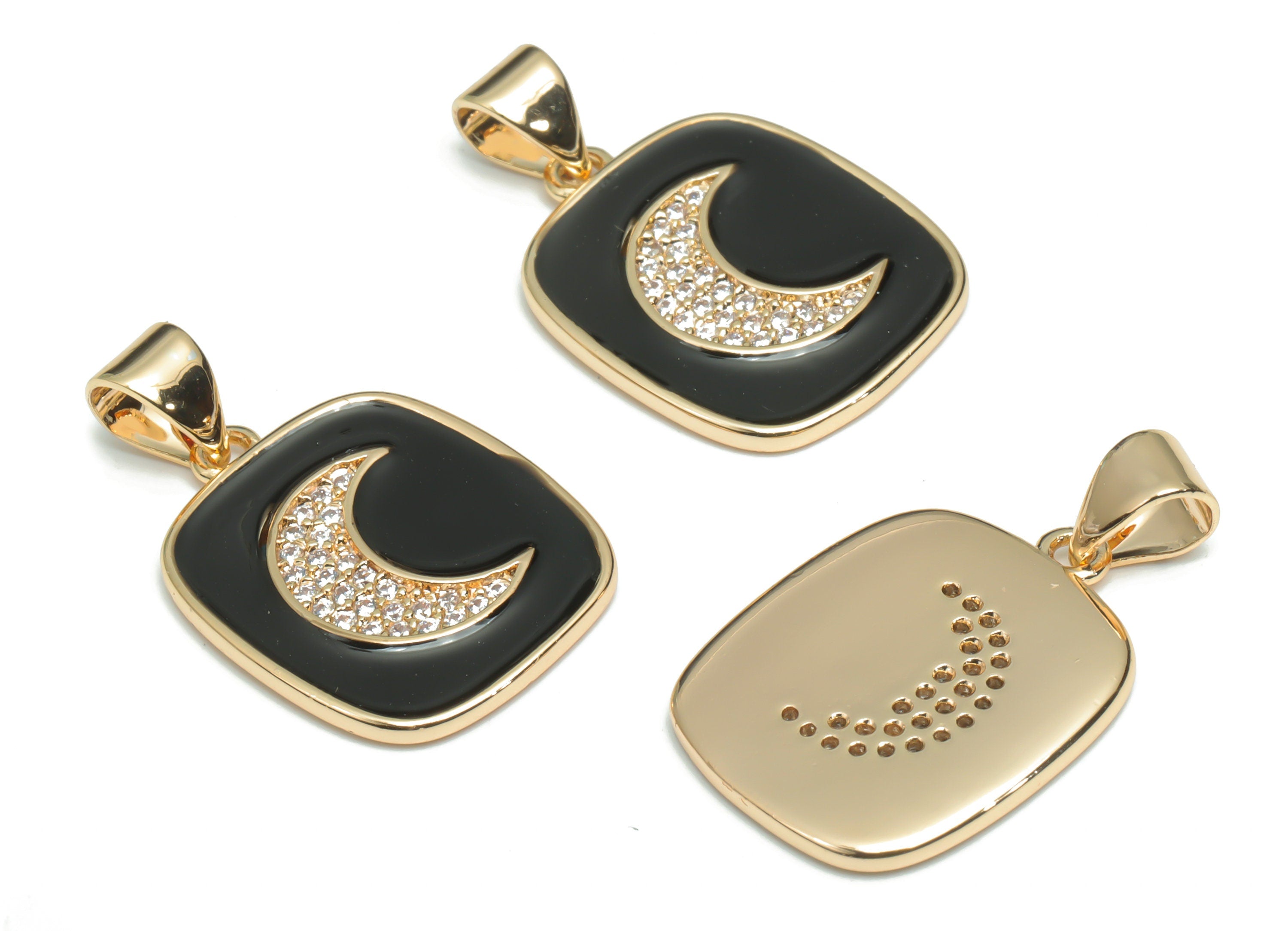 Brass Square Crescent Charms With Zincons - Enamel Moon Square Pendant - 18K Real Gold Plated - Jewelry Supplies - 24.4x14.8x1.7mm- RGP4342B - DOMEDBAZAAR
