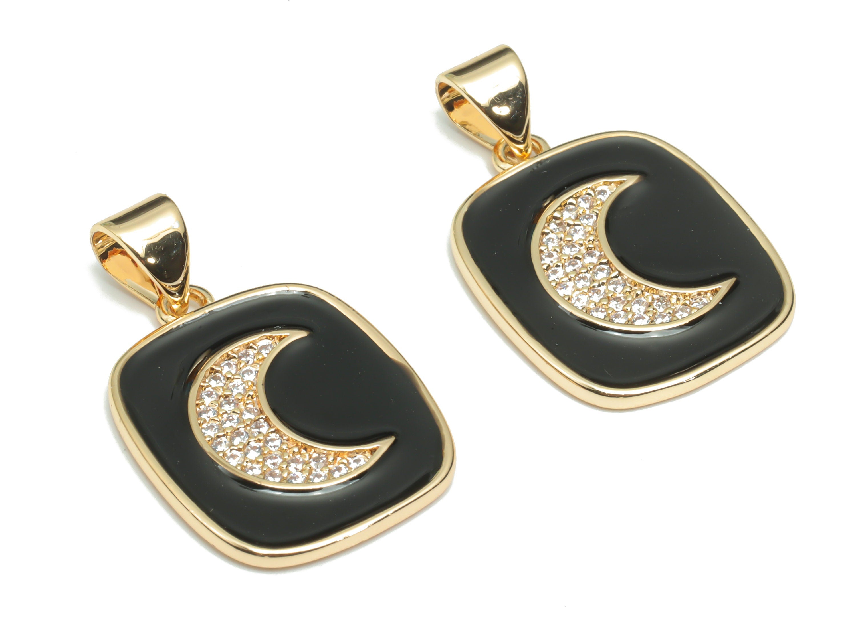 Brass Square Crescent Charms With Zincons - Enamel Moon Square Pendant - 18K Real Gold Plated - Jewelry Supplies - 24.4x14.8x1.7mm- RGP4342B - DOMEDBAZAAR