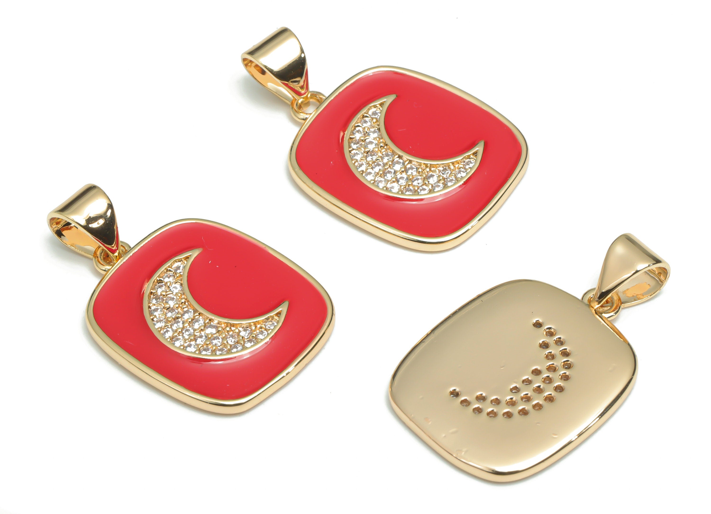 Brass Square Crescent Charms With Zincons - Enamel Moon Square Pendant - 18K Real Gold Plated - Jewelry Supplies - 24.4x14.8x1.7mm- RGP4342C - DOMEDBAZAAR