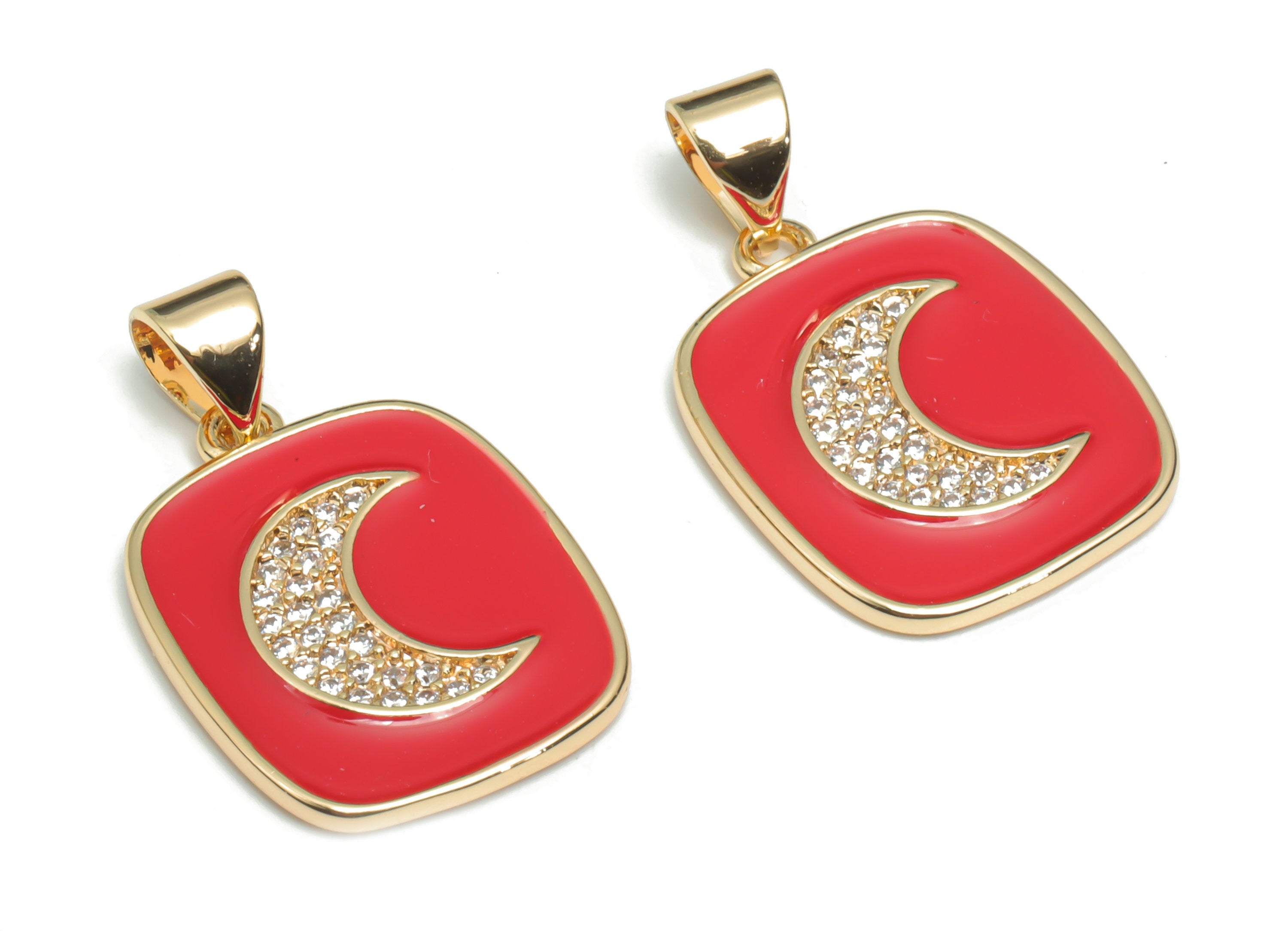 Brass Square Crescent Charms With Zincons - Enamel Moon Square Pendant - 18K Real Gold Plated - Jewelry Supplies - 24.4x14.8x1.7mm- RGP4342C - DOMEDBAZAAR