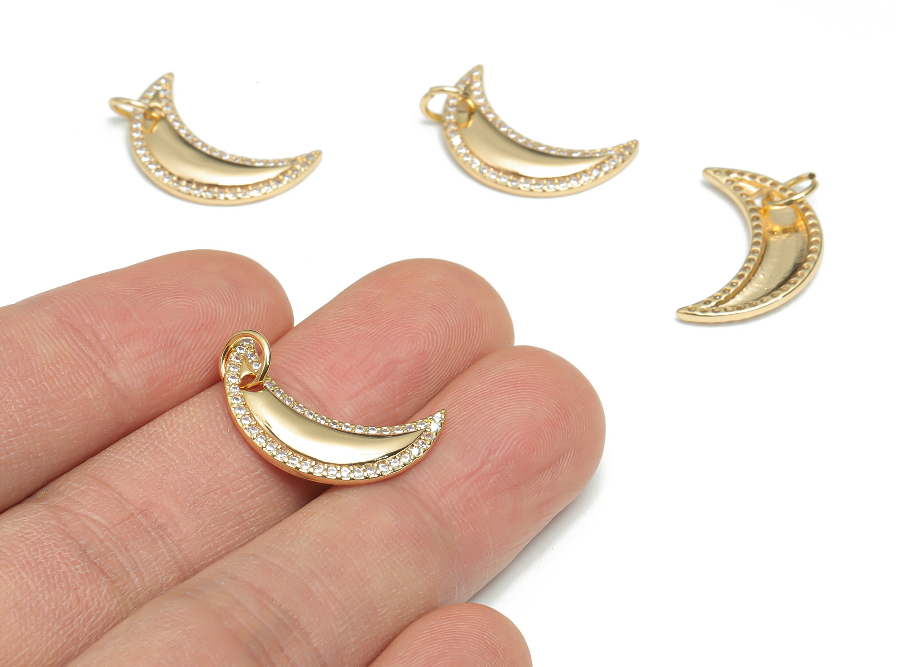 Brass Crescent Earring Charms With Zircons - Gold Moon Pendant - 18K Real Gold Plated Brass - Jewelry Supplies - 21.45x13.61x2.1mm - RGP4344 - DOMEDBAZAAR