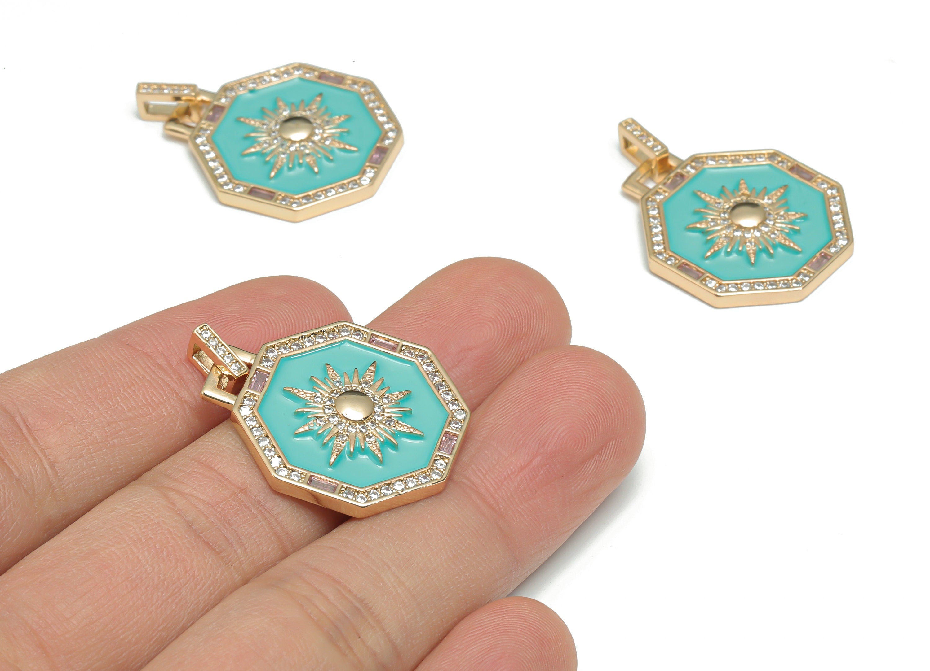 Brass Hexagon Sun Planet Charms With Zincons - Enamel Star Hexagon Pendant - 18K Real Gold Plated - 31.79x23.7x2.63mm - RGP4341B - DOMEDBAZAAR