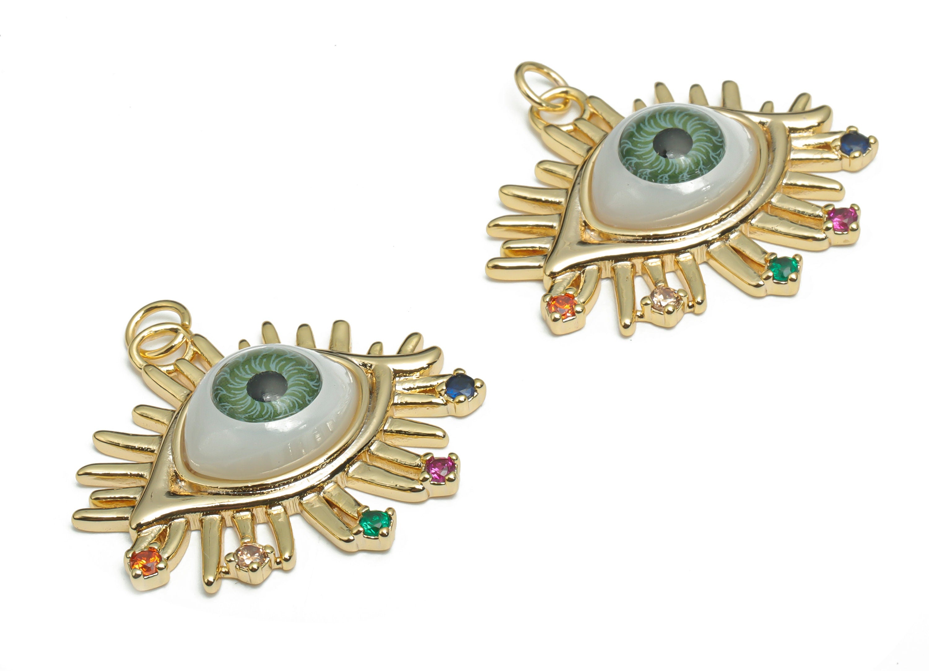 Brass Green Eye Earring Charms With Zircons - Plastic Patch Gold Eyelash Pendant - 18K Real Gold Plated Brass - 30.3x28.42x7.04mm - RGP4291A - DOMEDBAZAAR