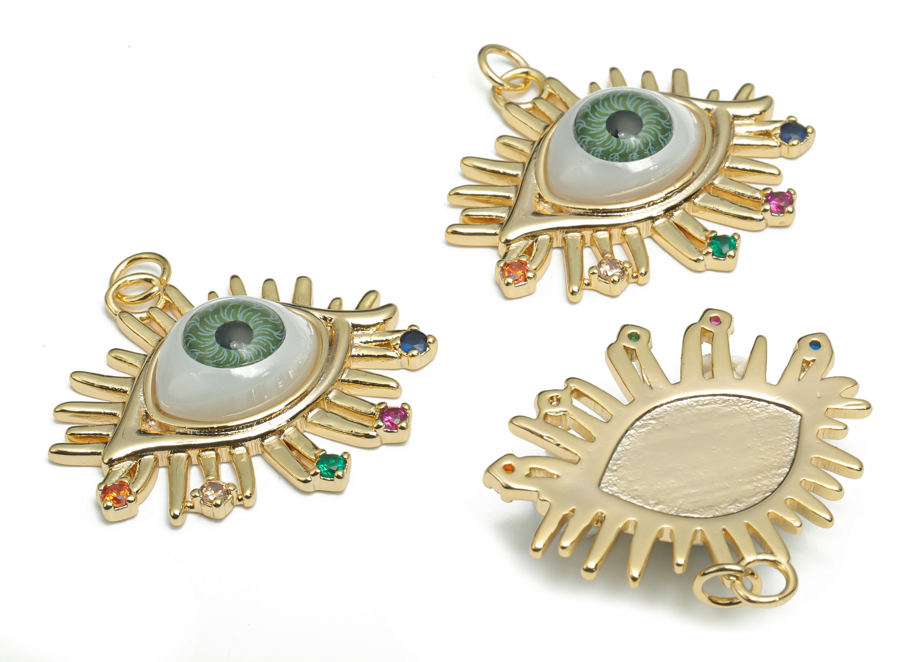 Brass Green Eye Earring Charms With Zircons - Plastic Patch Gold Eyelash Pendant - 18K Real Gold Plated Brass - 30.3x28.42x7.04mm - RGP4291A - DOMEDBAZAAR