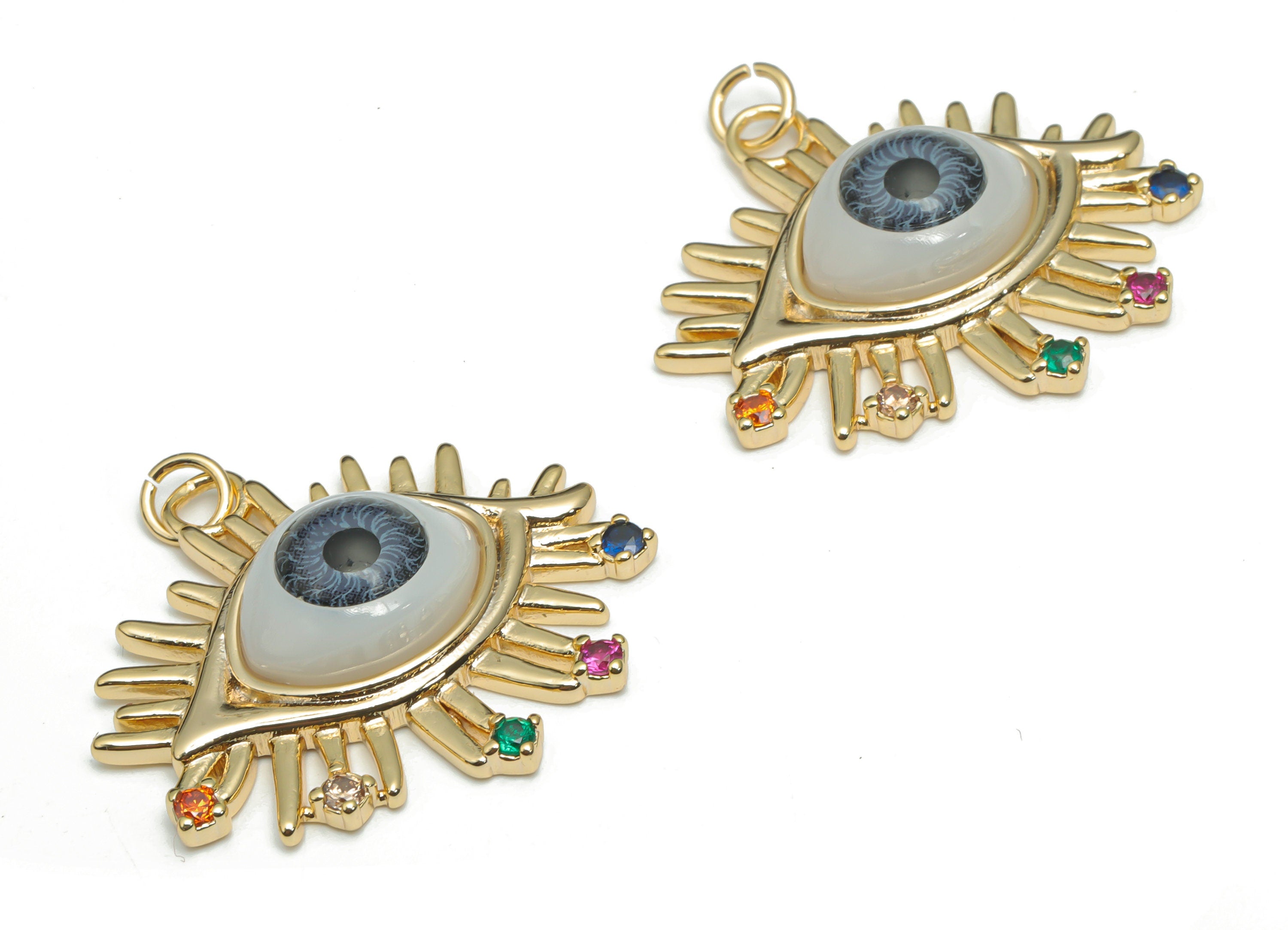 Brass Gray Eye Earring Charms With Zircons - Plastic Patch Gold Eyelash Pendant - 18K Real Gold Plated Brass - 30.3x28.42x7.04mm - RGP4291B - DOMEDBAZAAR