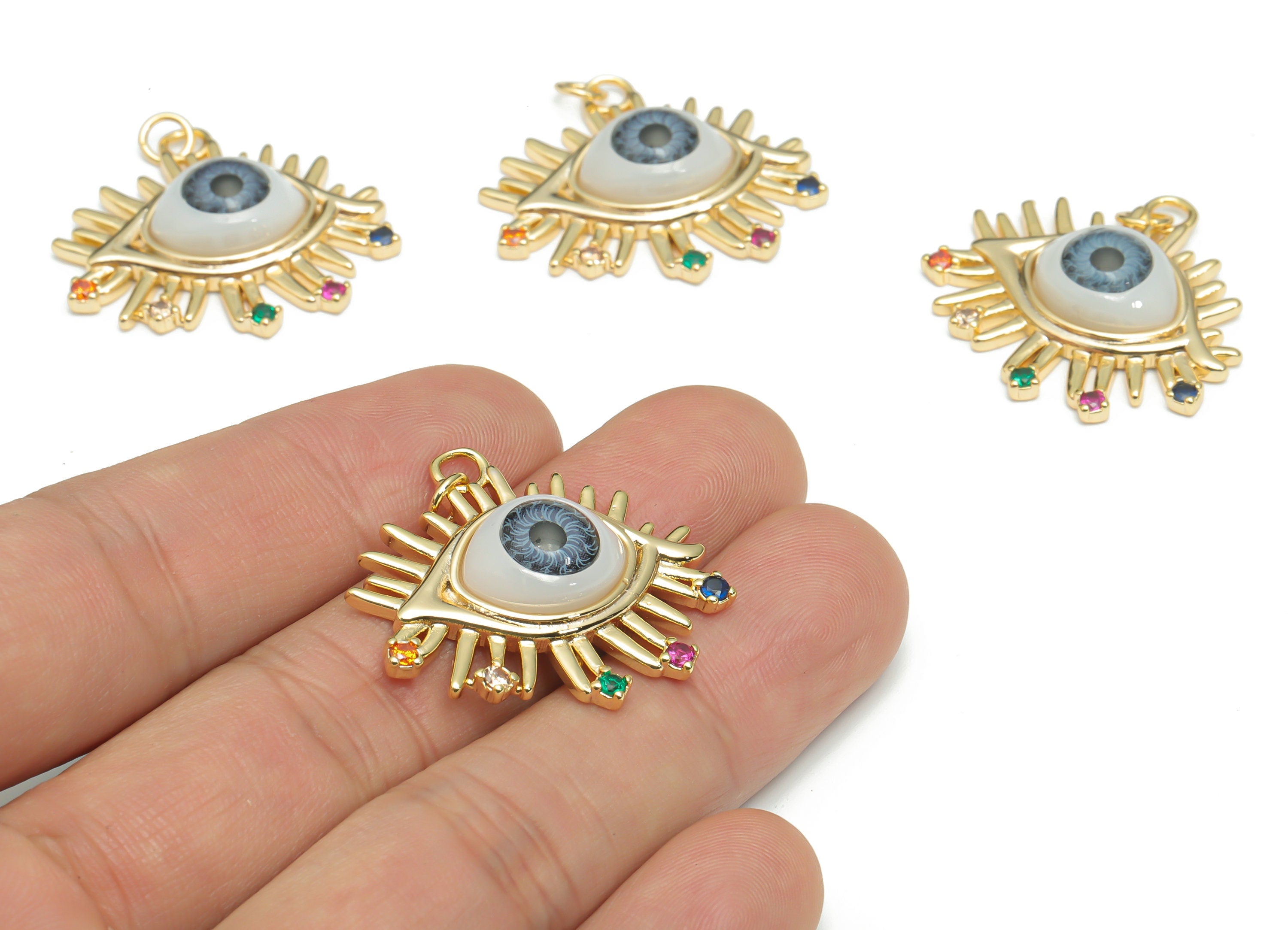 Brass Gray Eye Earring Charms With Zircons - Plastic Patch Gold Eyelash Pendant - 18K Real Gold Plated Brass - 30.3x28.42x7.04mm - RGP4291B - DOMEDBAZAAR
