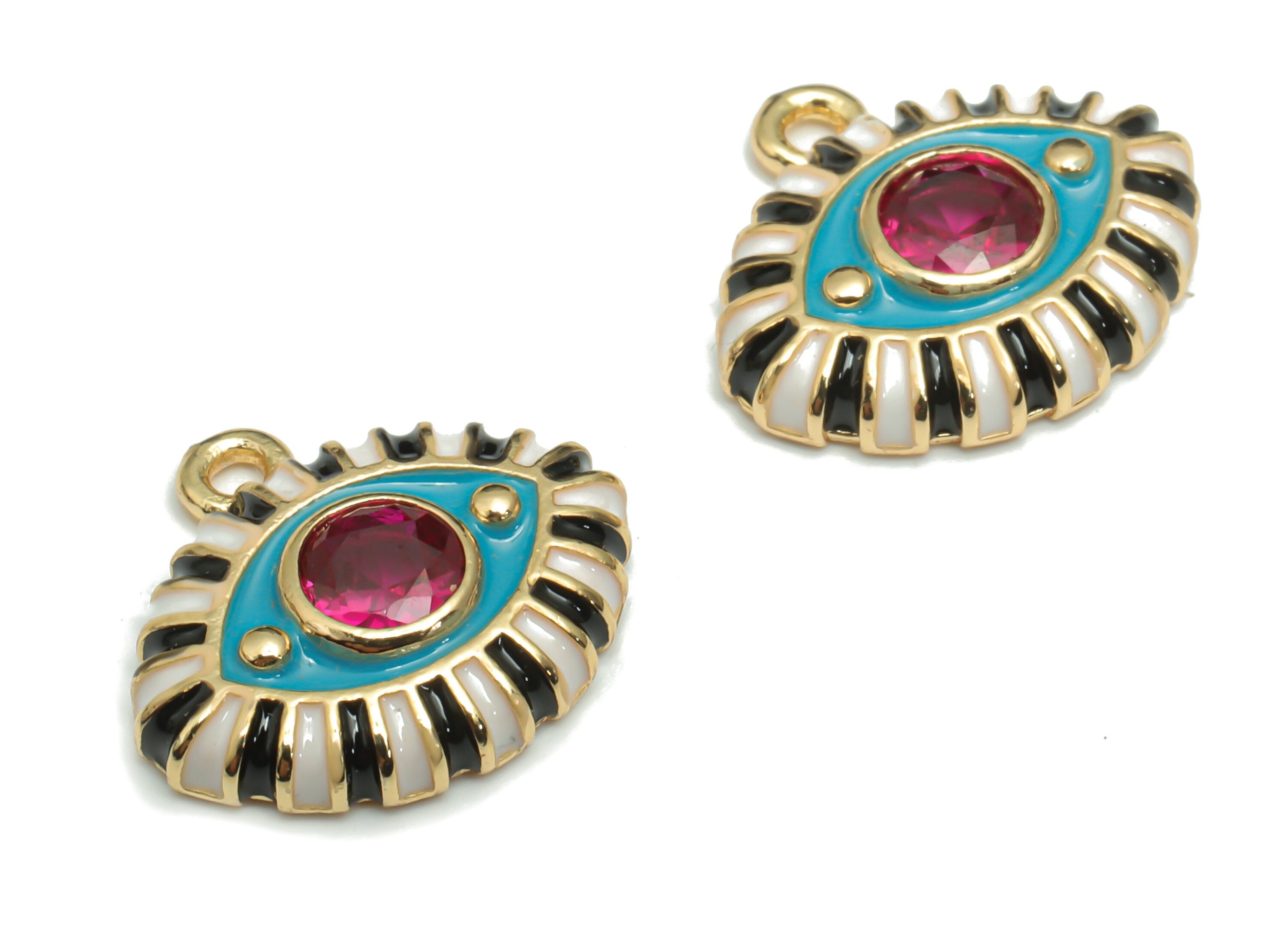 Brass Eye Charms With Zircons - Enamel Gold Eyelash Pendant - 18K Real Gold Plated Brass - Jewelry Supplies - 16.65x15.24x3.64mm - RGP4297A - DOMEDBAZAAR