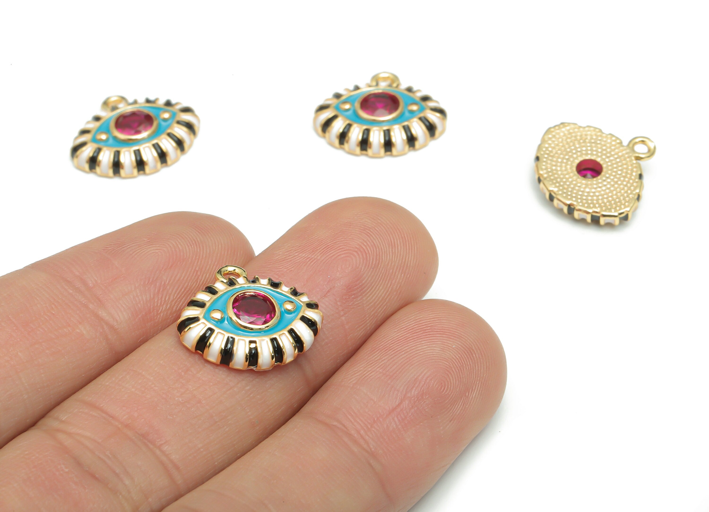 Brass Eye Charms With Zircons - Enamel Gold Eyelash Pendant - 18K Real Gold Plated Brass - Jewelry Supplies - 16.65x15.24x3.64mm - RGP4297A - DOMEDBAZAAR