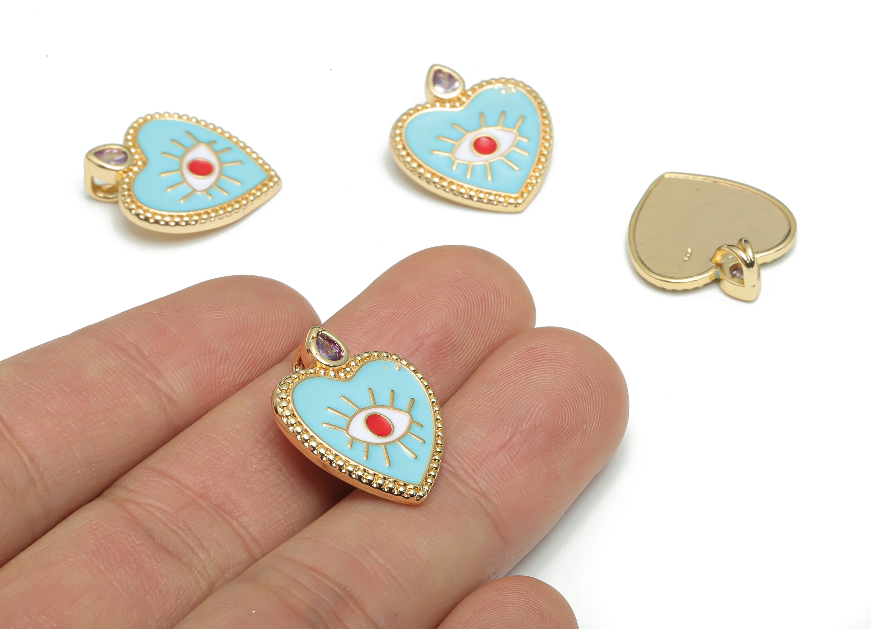 Brass Heart Eye Charms With Zincons - Enamel Eyelash Heart Pendant - 18K Real Gold Plated - Jewelry Supplies - 22.2x18.81x1.97mm - RGP4295C - DOMEDBAZAAR