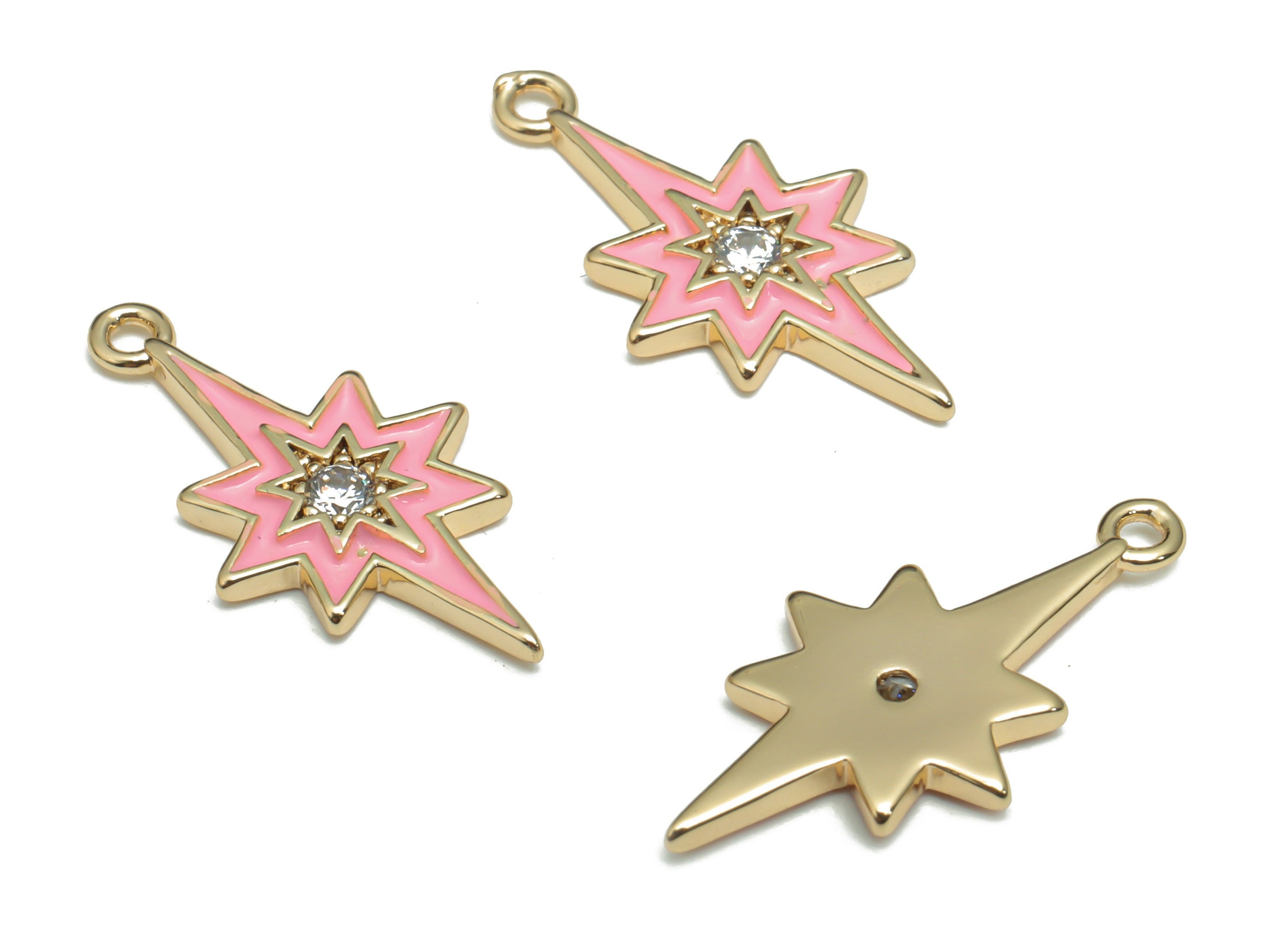 Brass Planet Earring Charms With Zincons - Enamel Gold Star Pendant - 18K Real Gold Plated - Jewelry Supplies - 21.06x10.83x1.6mm - RGP4296B - DOMEDBAZAAR