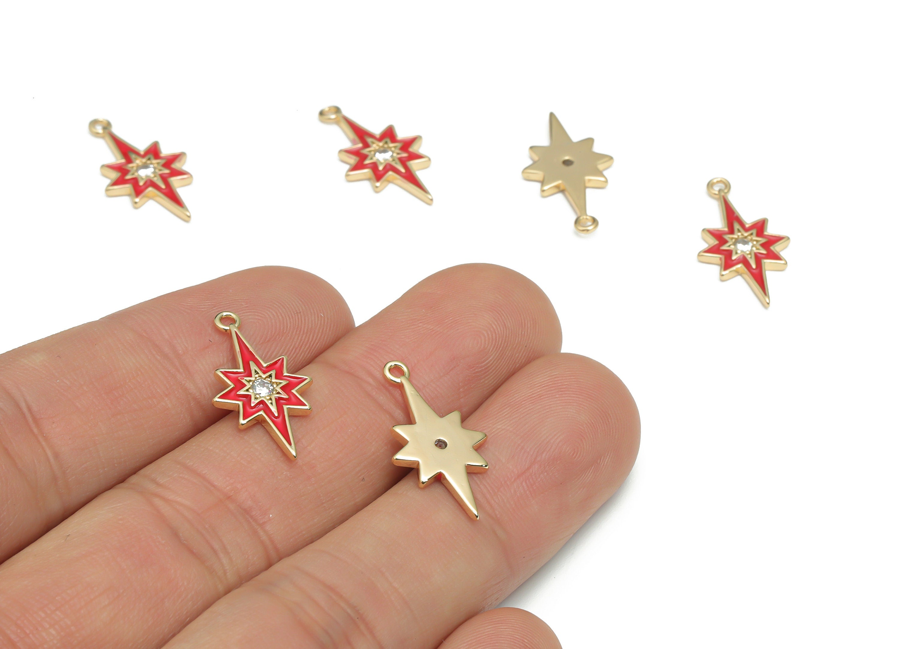 Brass Planet Earring Charms With Zincons - Enamel Gold Star Pendant - 18K Real Gold Plated - Jewelry Supplies - 21.06x10.83x1.6mm - RGP4296D - DOMEDBAZAAR