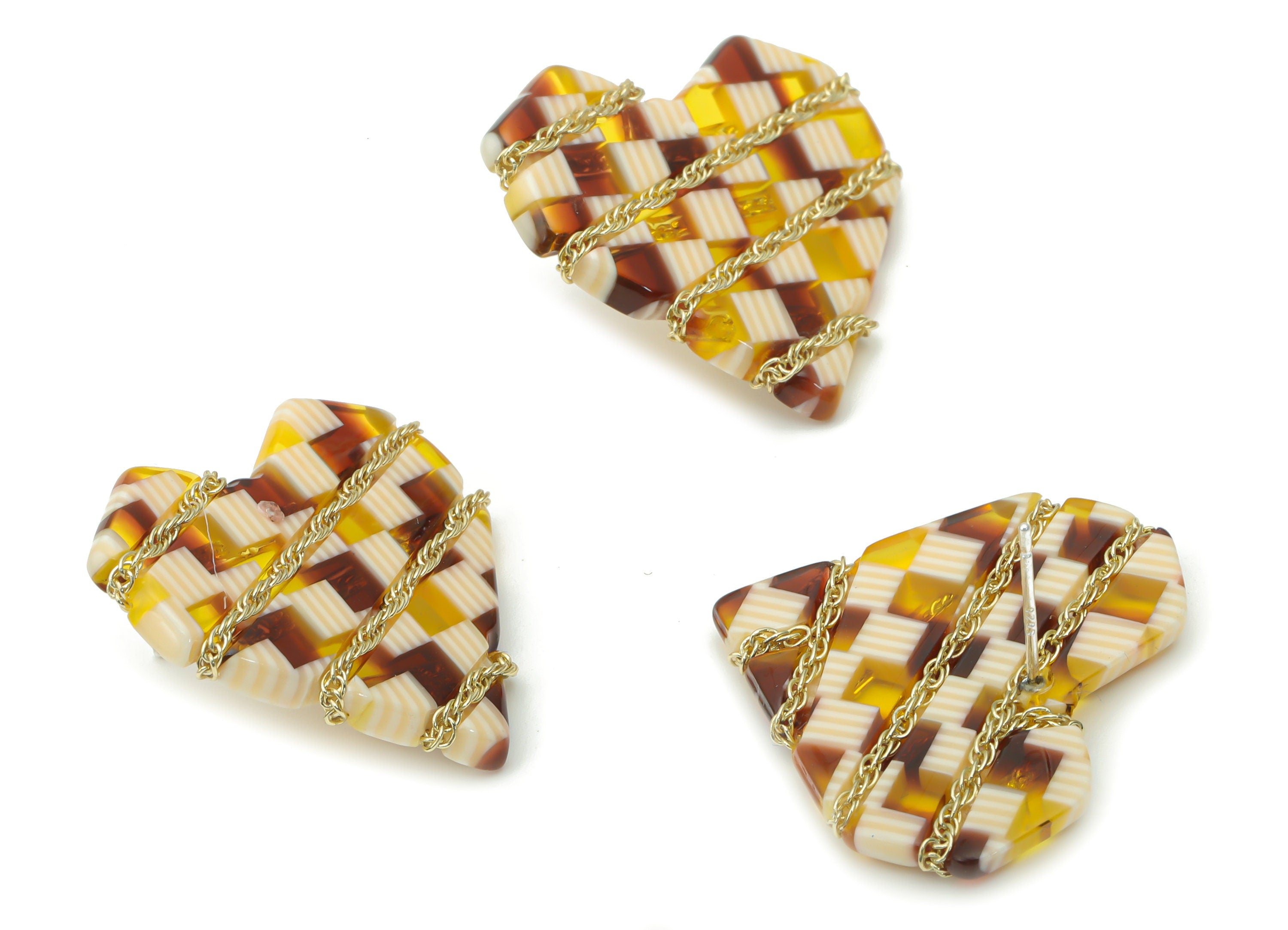 Acetate Heart Earring Stud - Brass Heart Post – Imitation Silver Stud – Twisted Curb Chain - Gold Tone Plated – 29.83x26.86x2.94mm - AC2384A - DOMEDBAZAAR