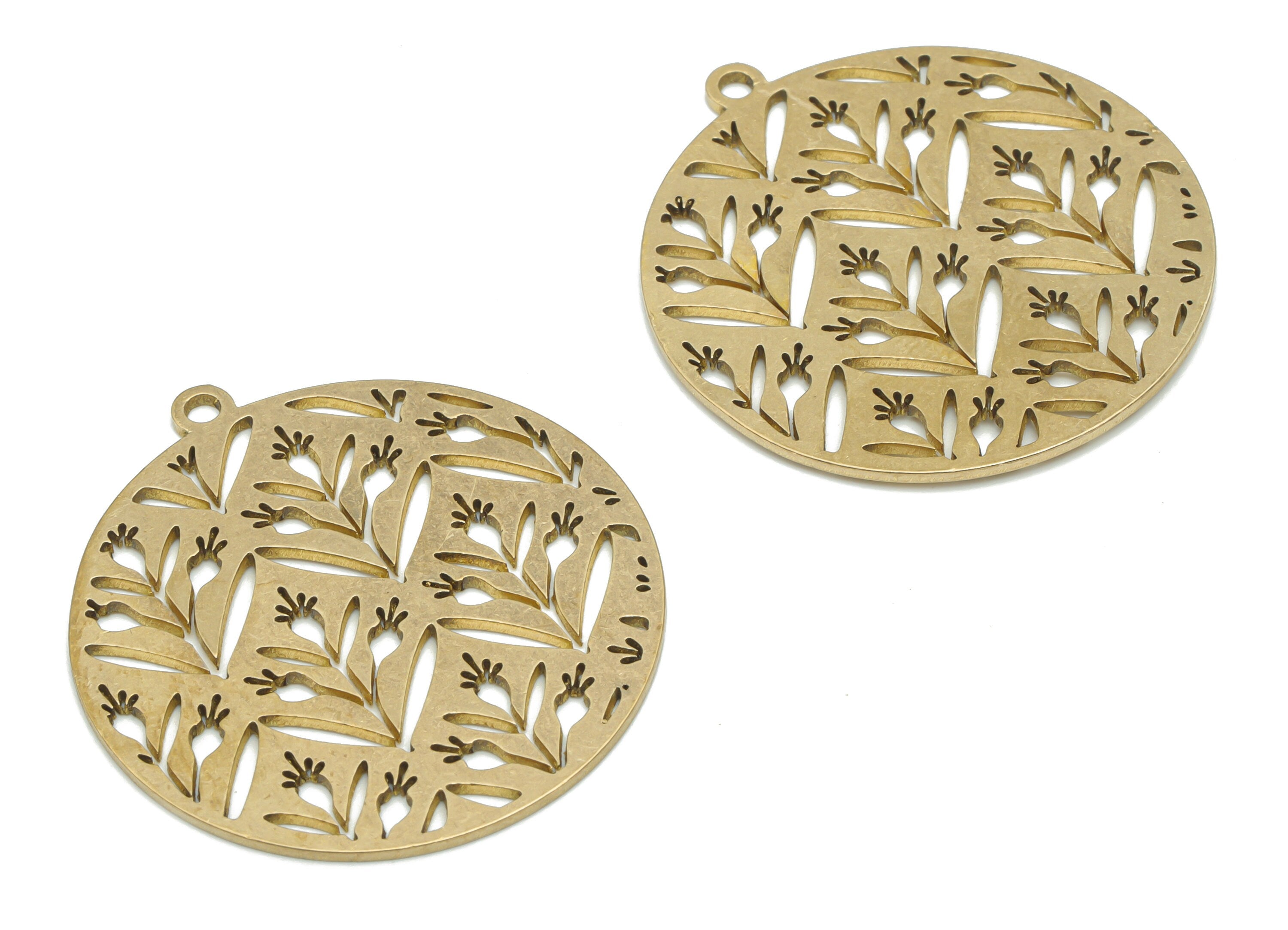 Brass Round Flower Grass Earring Charms - Raw Brass Branch Circle Pendant - DIY Jewelry Making Supplies - 34.82x32.01x0.96mm - PPA2382 - DOMEDBAZAAR