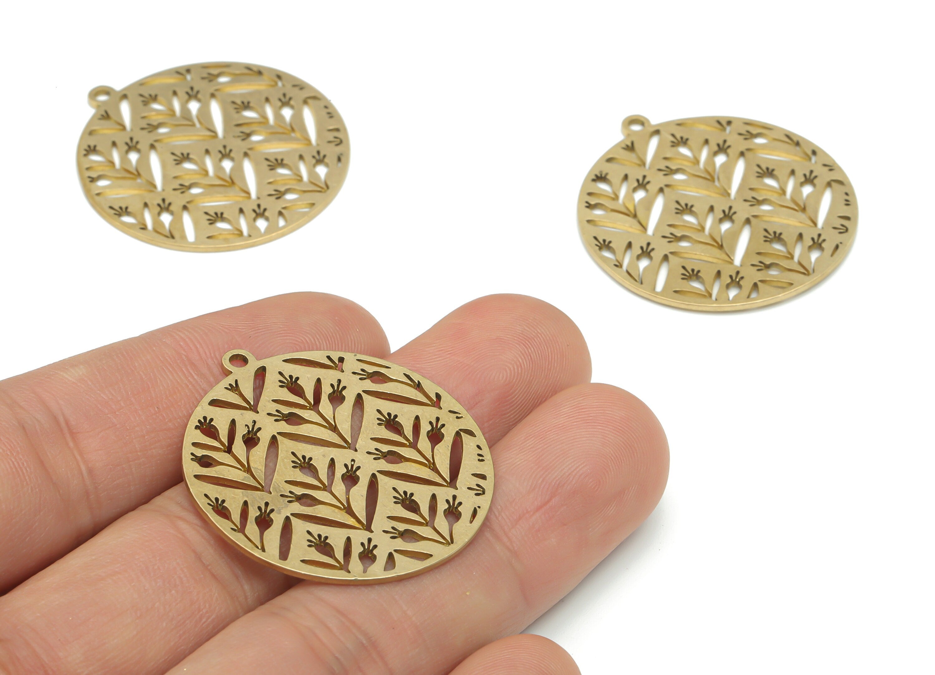 Brass Round Flower Grass Earring Charms - Raw Brass Branch Circle Pendant - DIY Jewelry Making Supplies - 34.82x32.01x0.96mm - PPA2382 - DOMEDBAZAAR