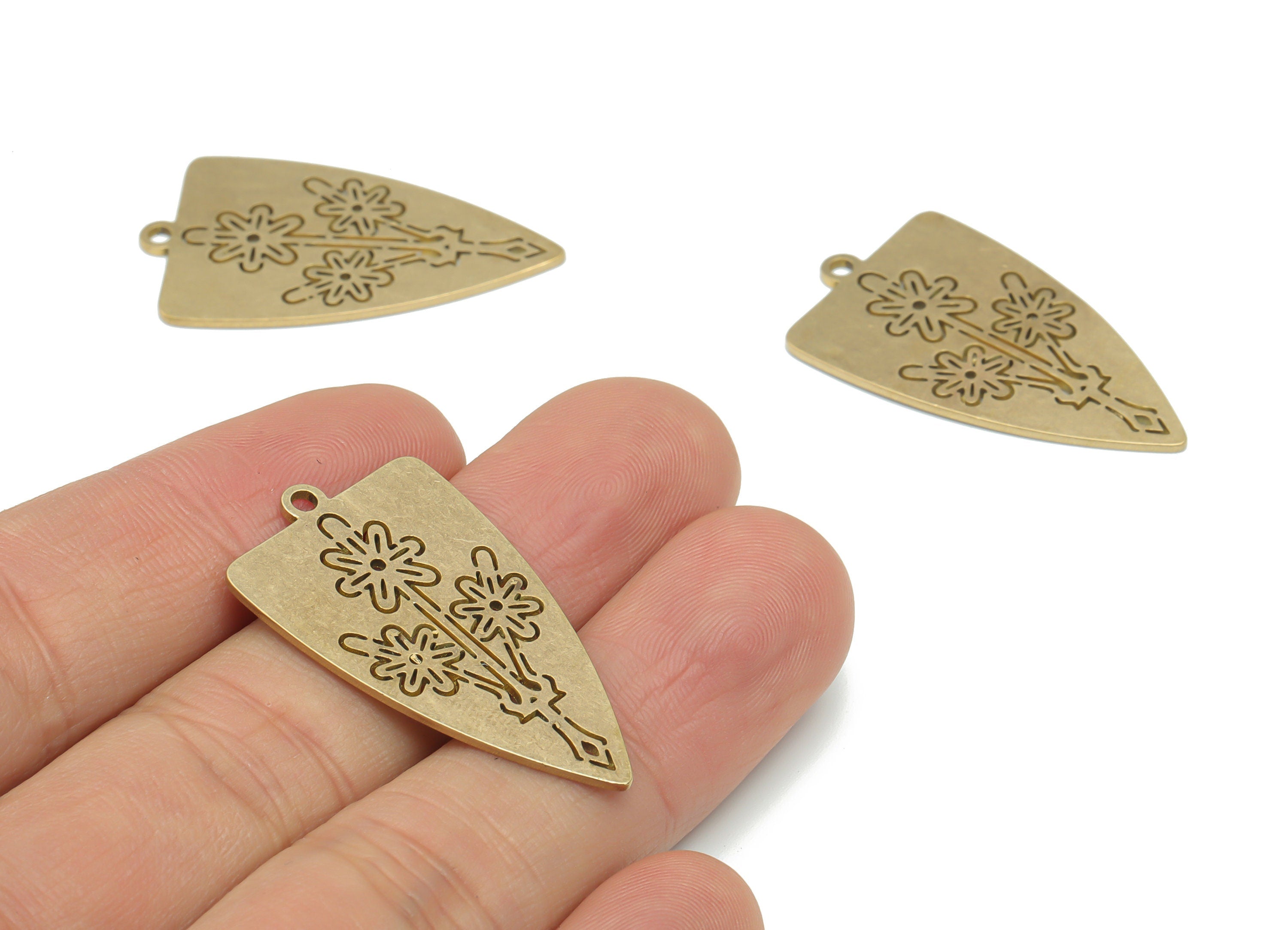 Brass Shield Cone Flower Arrow Earring Charms - Raw Brass Rectangle Flower Pendant - Jewelry Making Supplies - 34.81x20.47x0.87mm - PPA2363 - DOMEDBAZAAR