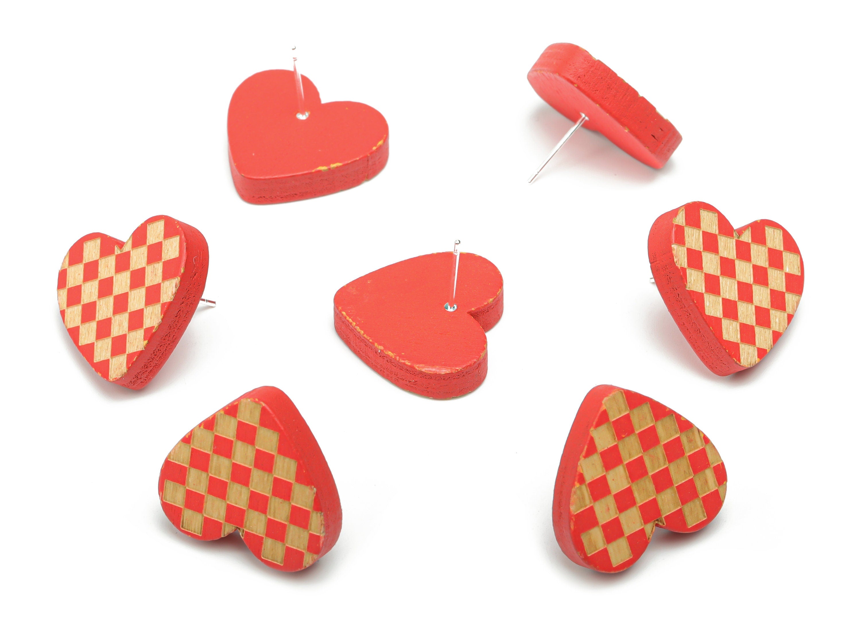 Poplar Plywood Tattersall Heart Earring Stud - Poplar Plywood Heart Earring Post - Silver Plated Brass Stud - 20.78x18.88x4.56mm - BB1150C - DOMEDBAZAAR
