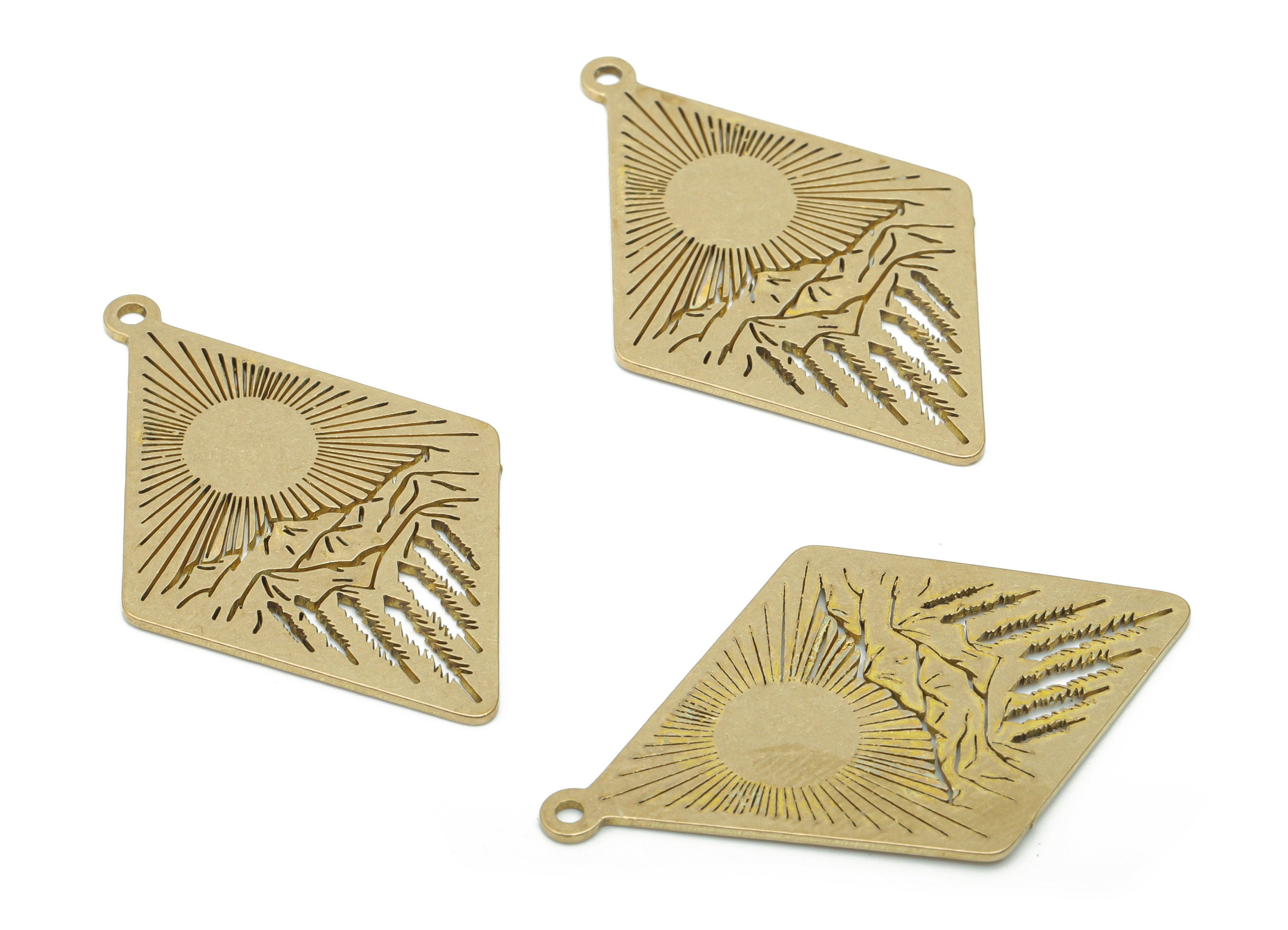 Brass Diamond Sun Mountain Landscape Earring Charms - Raw Brass Trees Diamond Pendant - Jewelry Supplies - 41.72x26.41x0.87mm - PPA1440 - DOMEDBAZAAR