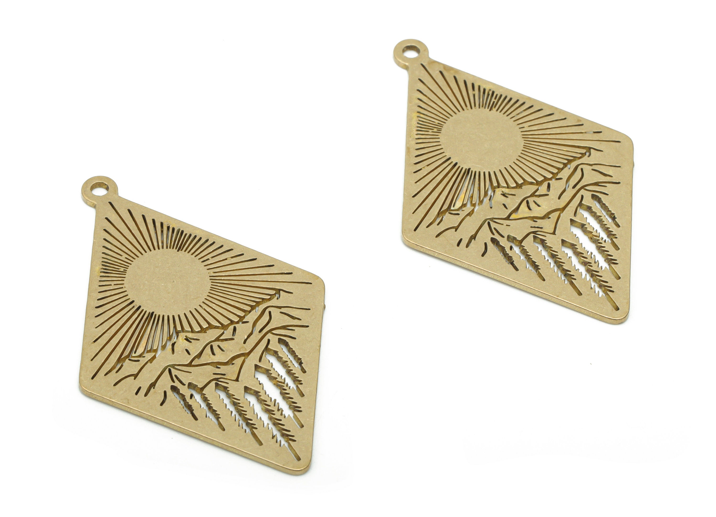 Brass Diamond Sun Mountain Landscape Earring Charms - Raw Brass Trees Diamond Pendant - Jewelry Supplies - 41.72x26.41x0.87mm - PPA1440 - DOMEDBAZAAR