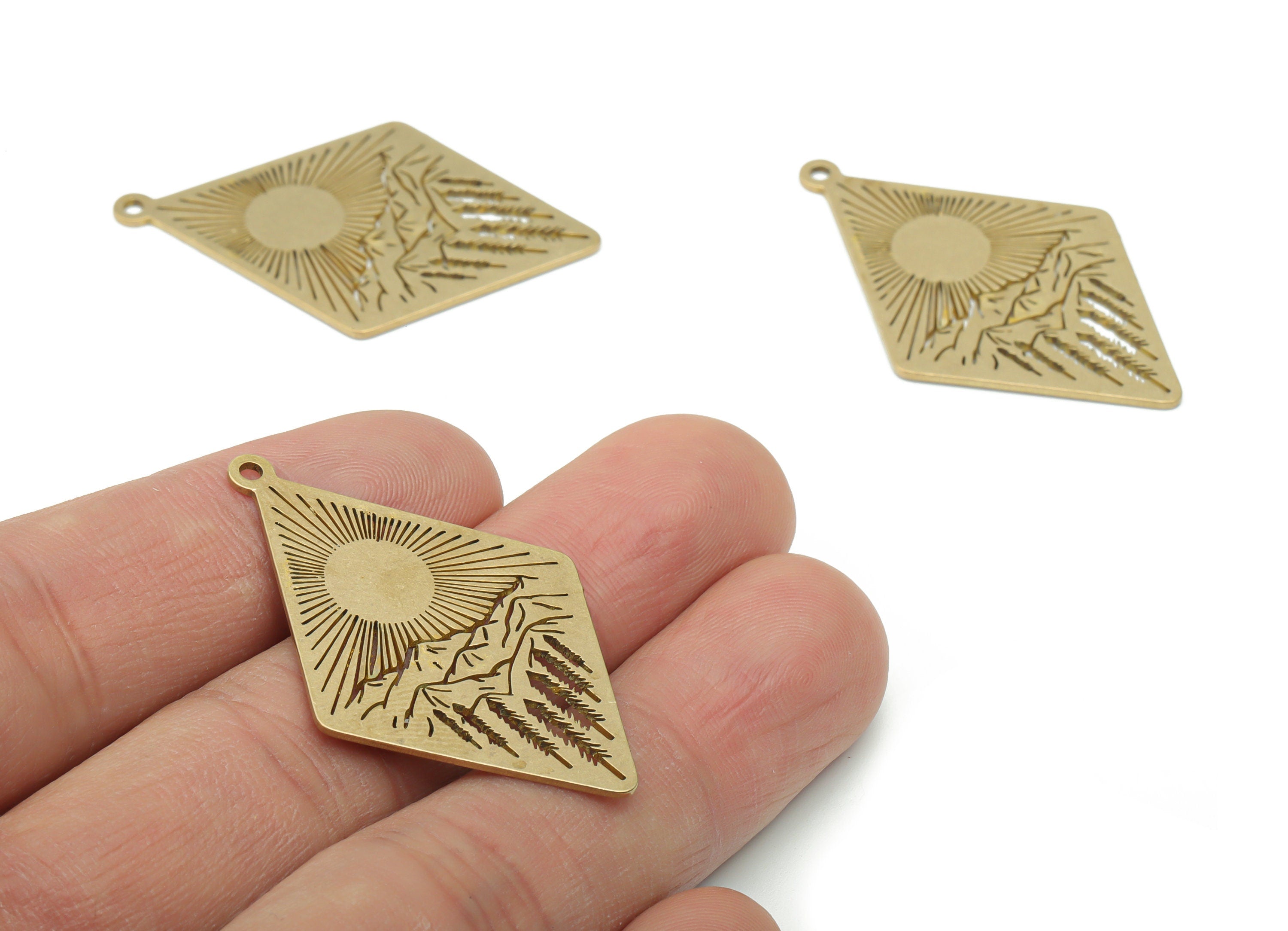 Brass Diamond Sun Mountain Landscape Earring Charms - Raw Brass Trees Diamond Pendant - Jewelry Supplies - 41.72x26.41x0.87mm - PPA1440 - DOMEDBAZAAR