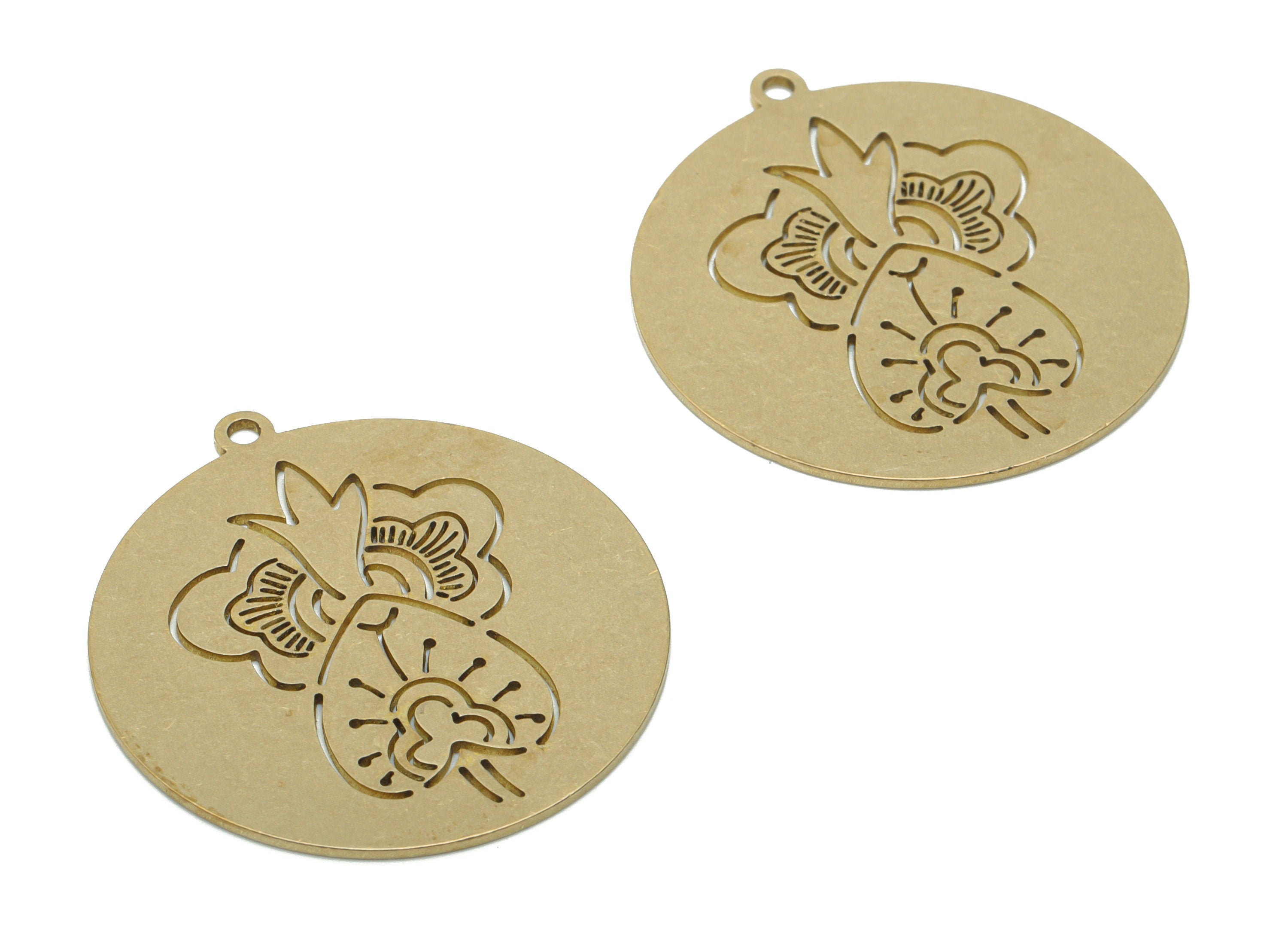 Brass Round Flower Earring Charms - Raw Brass Heart Circle Pendant - Jewelry Making Supplies - 35.82x33.08x0.83mm - PPA1798 - DOMEDBAZAAR