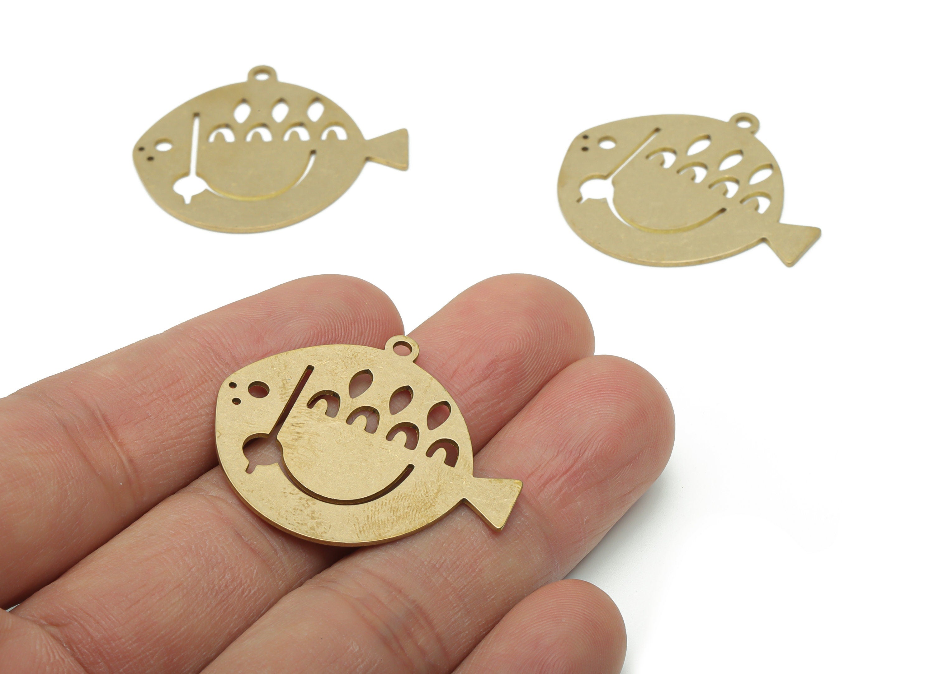 Brass Round Fish Earring Charms - Raw Brass Smiley Circle Triangle Pendant - Jewelry Making Supplies - 34.68x30.66x0.81mm - PPA1901 - DOMEDBAZAAR