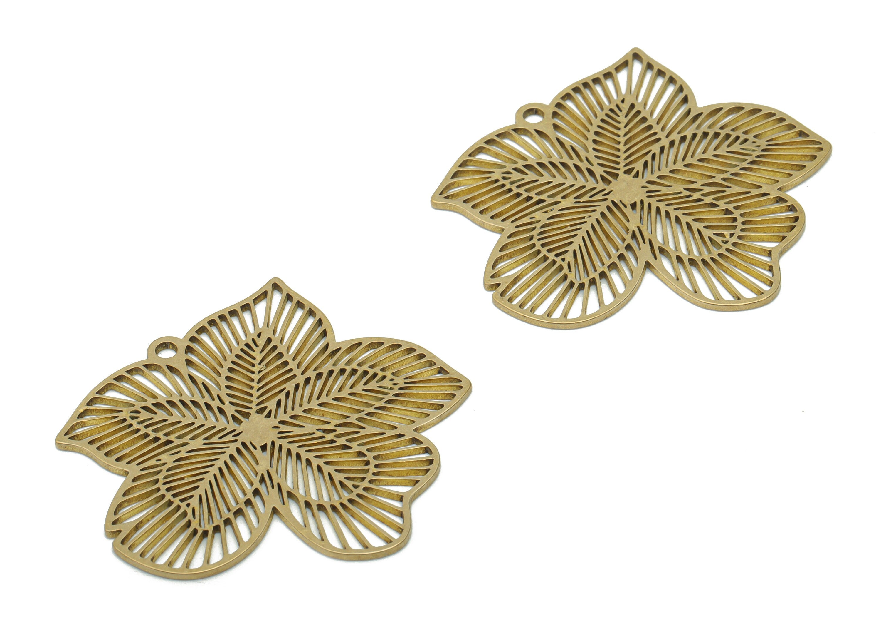 Brass Hollow Leafs Earring Charms - Raw Brass Leafs Pendant - Jewelry Making Supplies - 35.28x33.86x0.84mm - PPA1602 - DOMEDBAZAAR